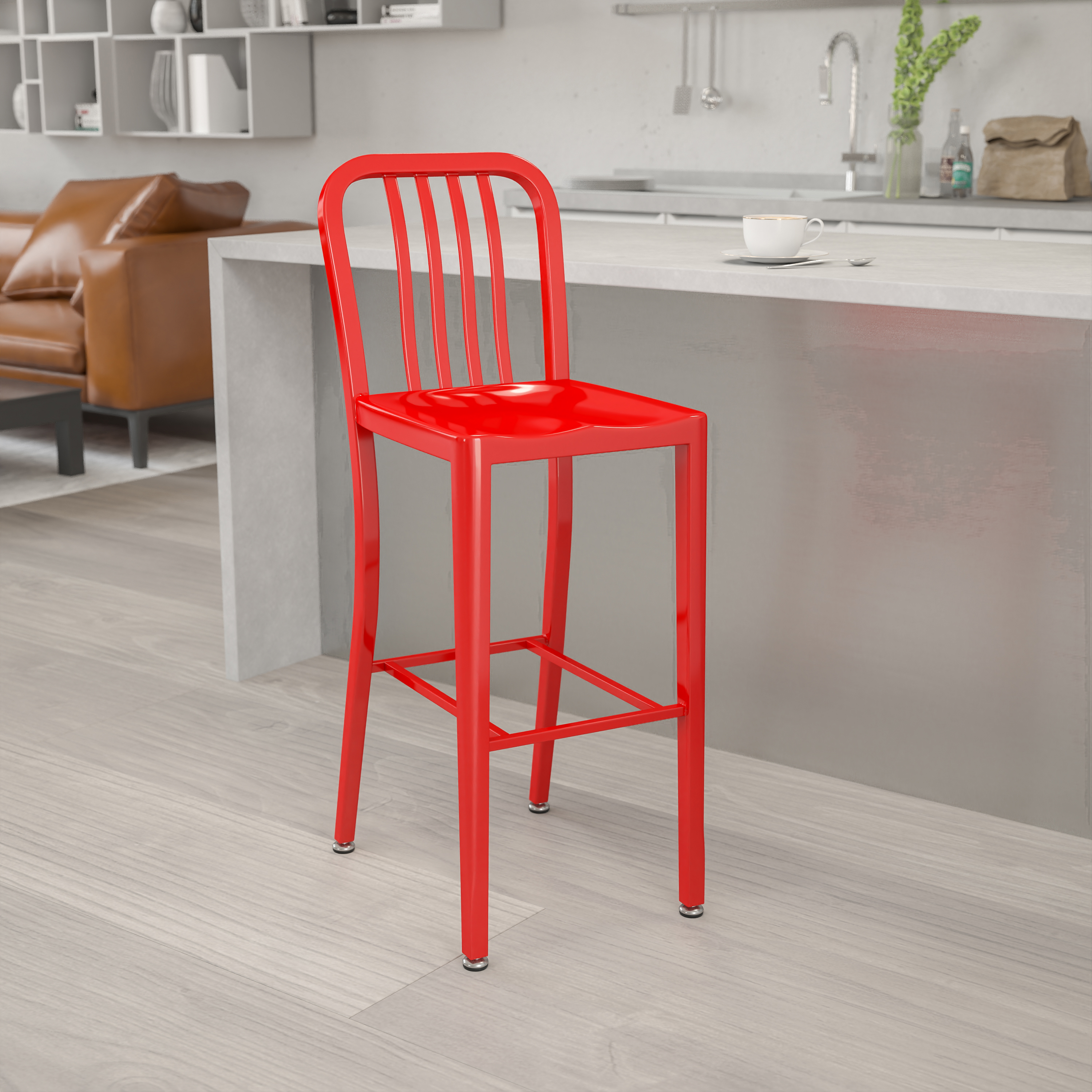 Gael Commercial Grade 30" High Red Metal Indoor-Outdoor Barstool with Vertical Slat Back