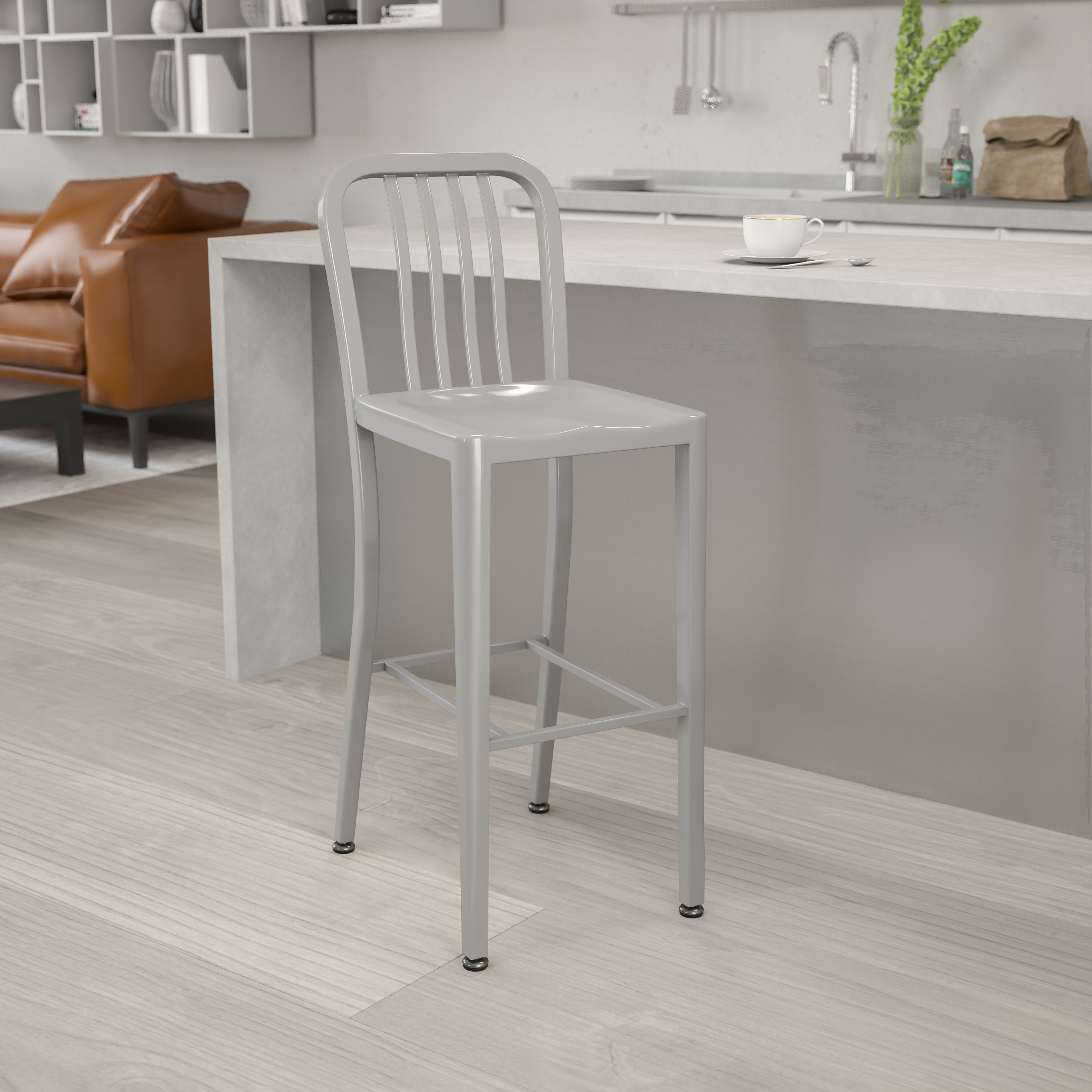 Gael Commercial Grade 30" High Silver Metal Indoor-Outdoor Barstool with Vertical Slat Back