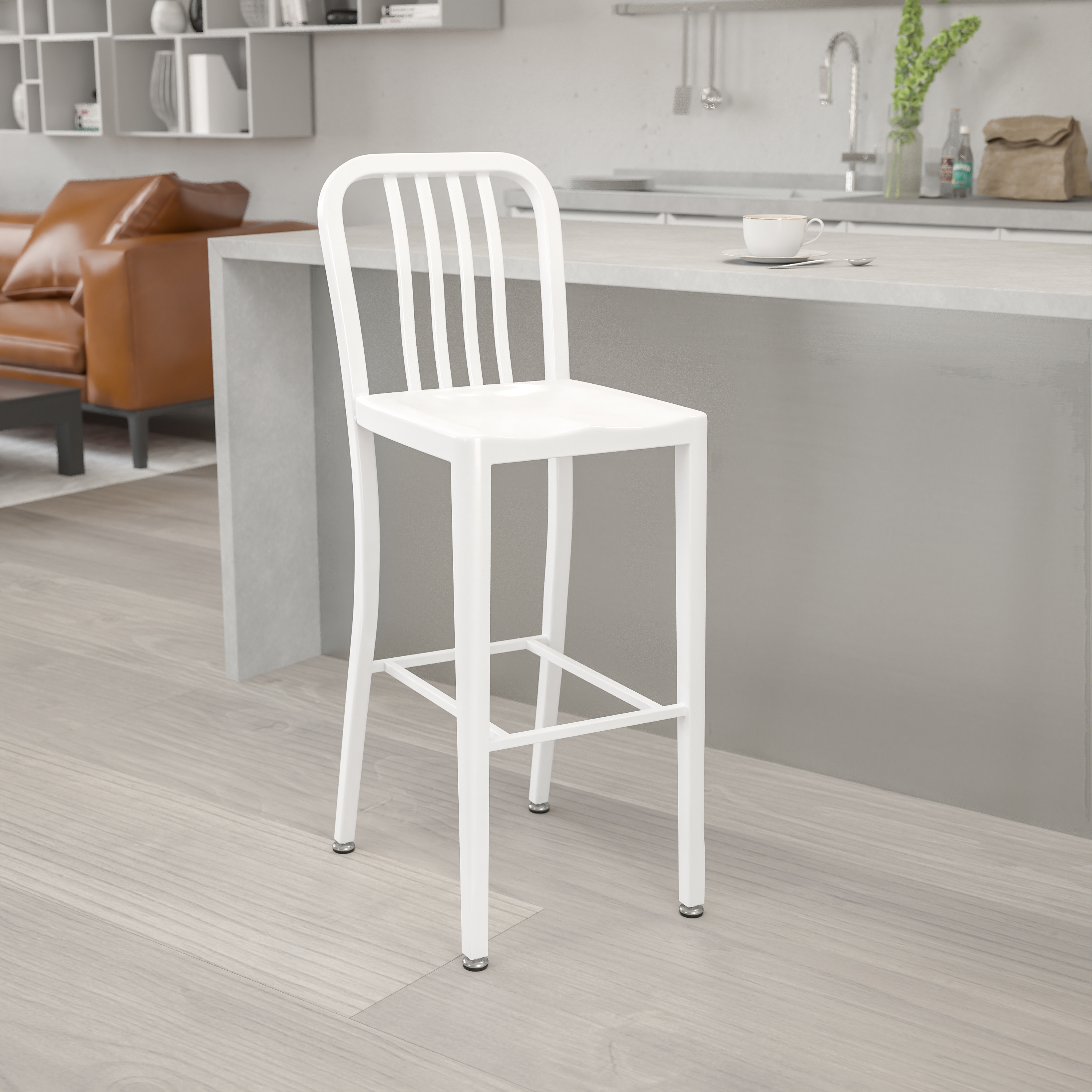 Gael Commercial Grade 30" High White Metal Indoor-Outdoor Barstool with Vertical Slat Back