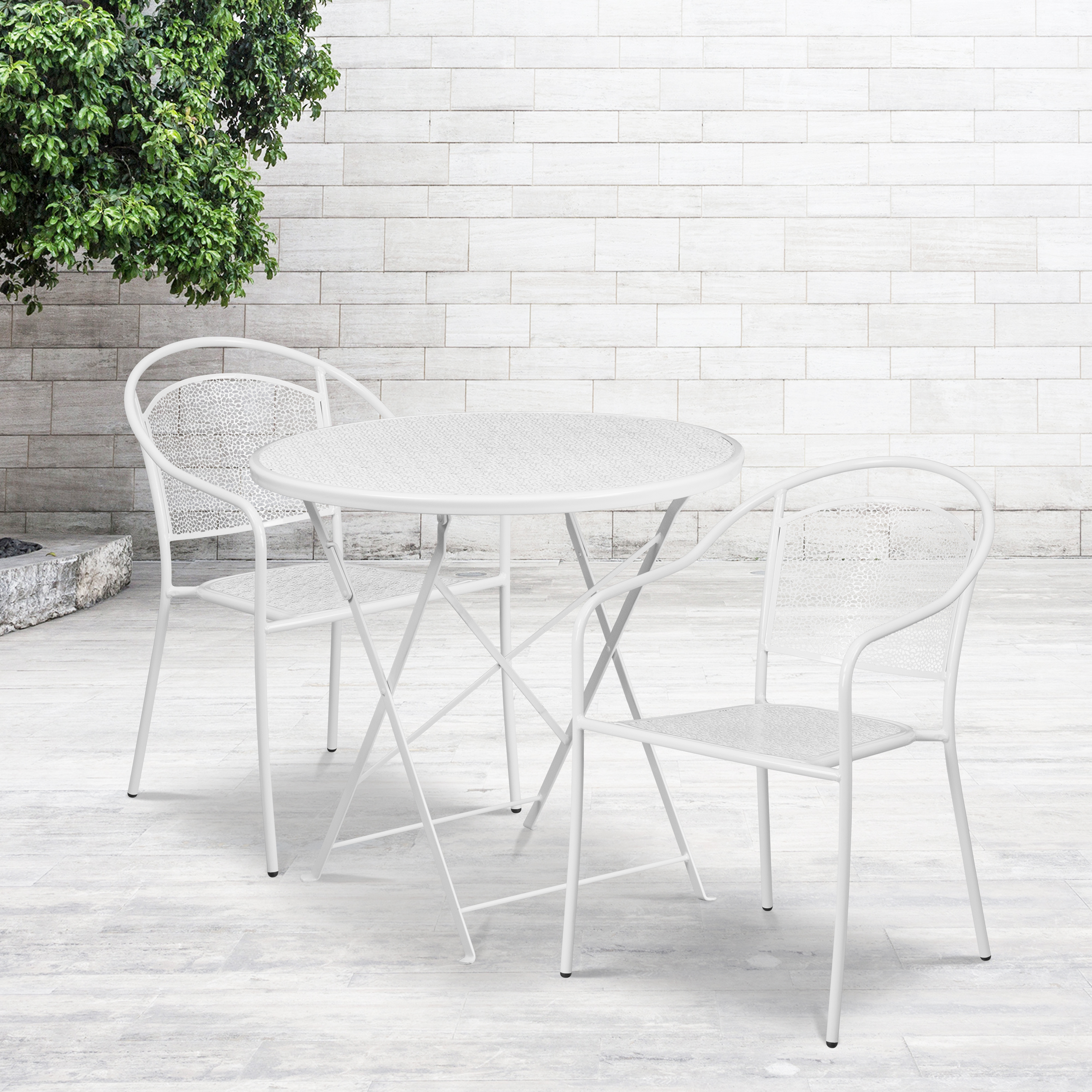 Oia Commercial Grade 30" Round White Indoor-Outdoor Steel Folding Patio Table Set with 2 Round Back Chairs
