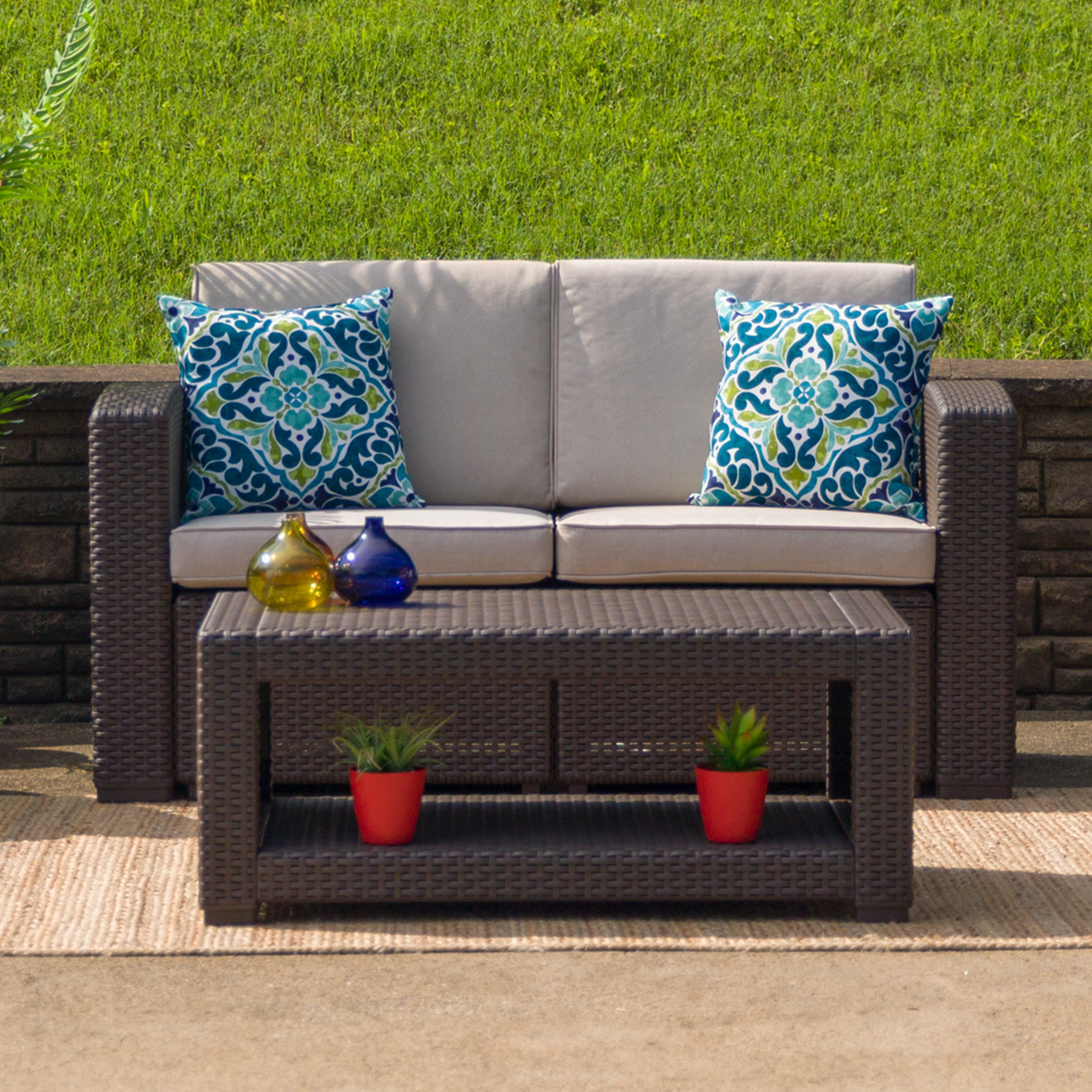 Seneca Chocolate Brown Faux Rattan Loveseat with All-Weather Beige Cushions