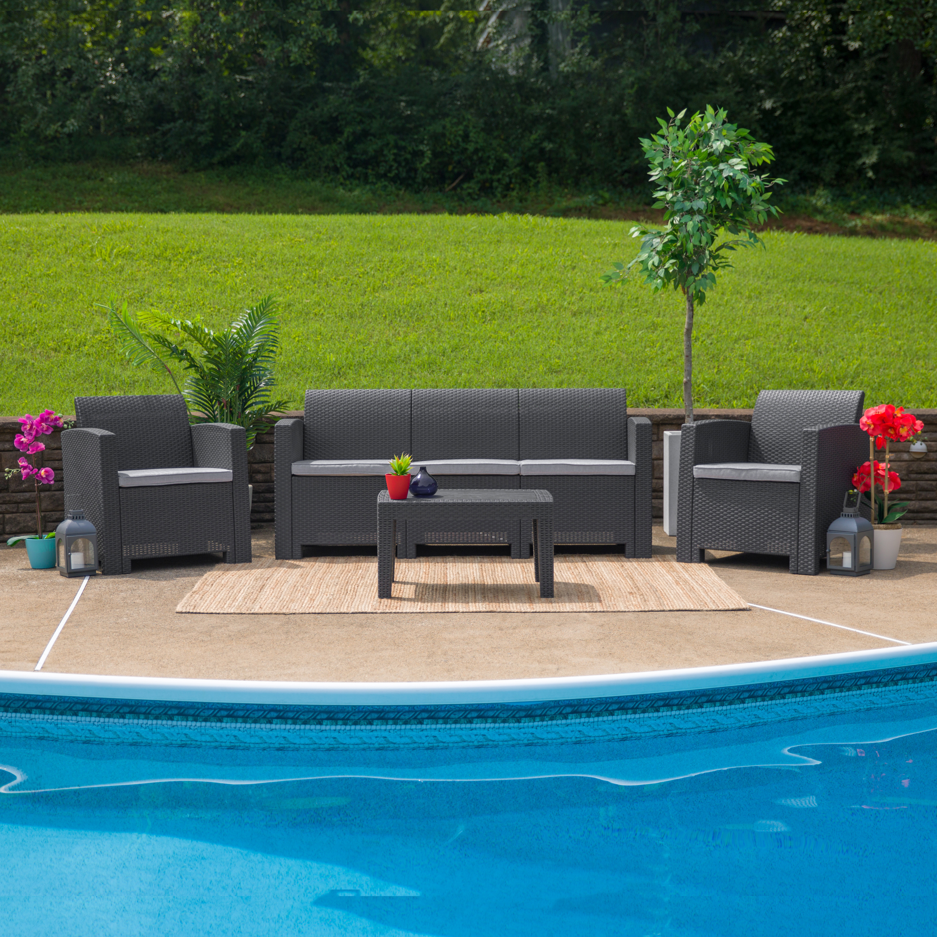 Seneca Dark Gray Faux Rattan Sofa with All-Weather Seneca Light Gray Cushions