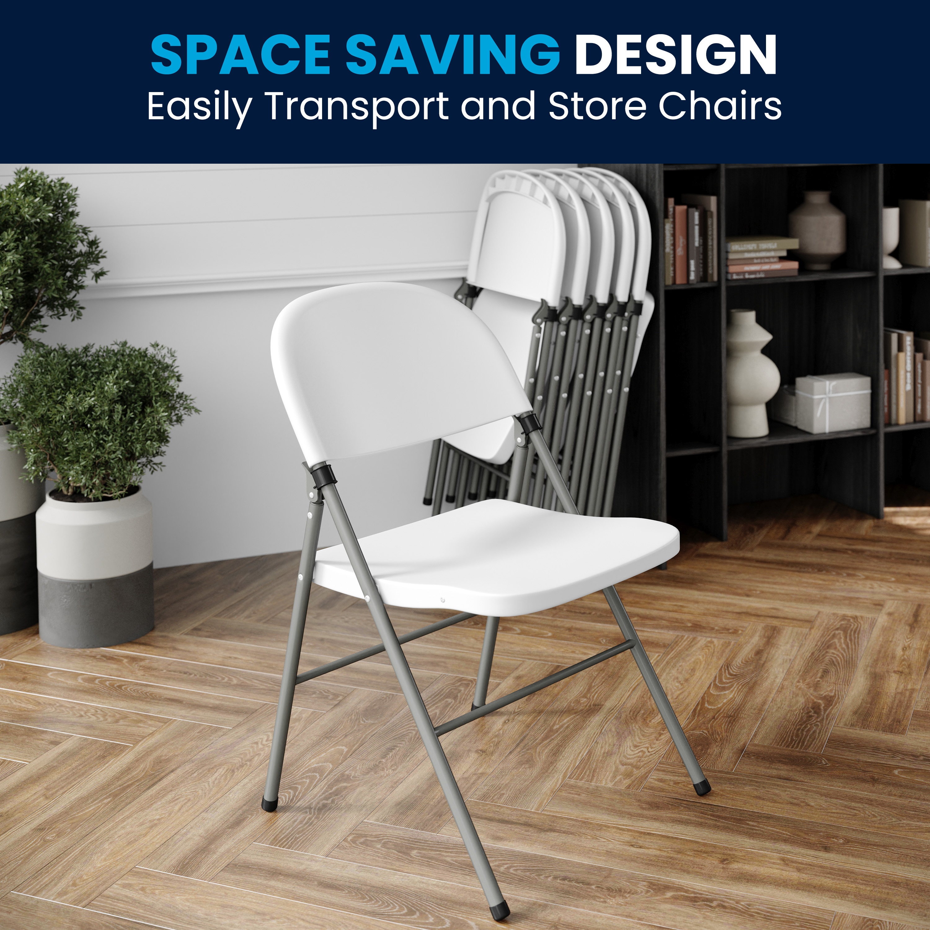 HERCULES Series White Plastic Folding Chairs | Set of 2 Lightweight Folding Chairs with Gray Frame
