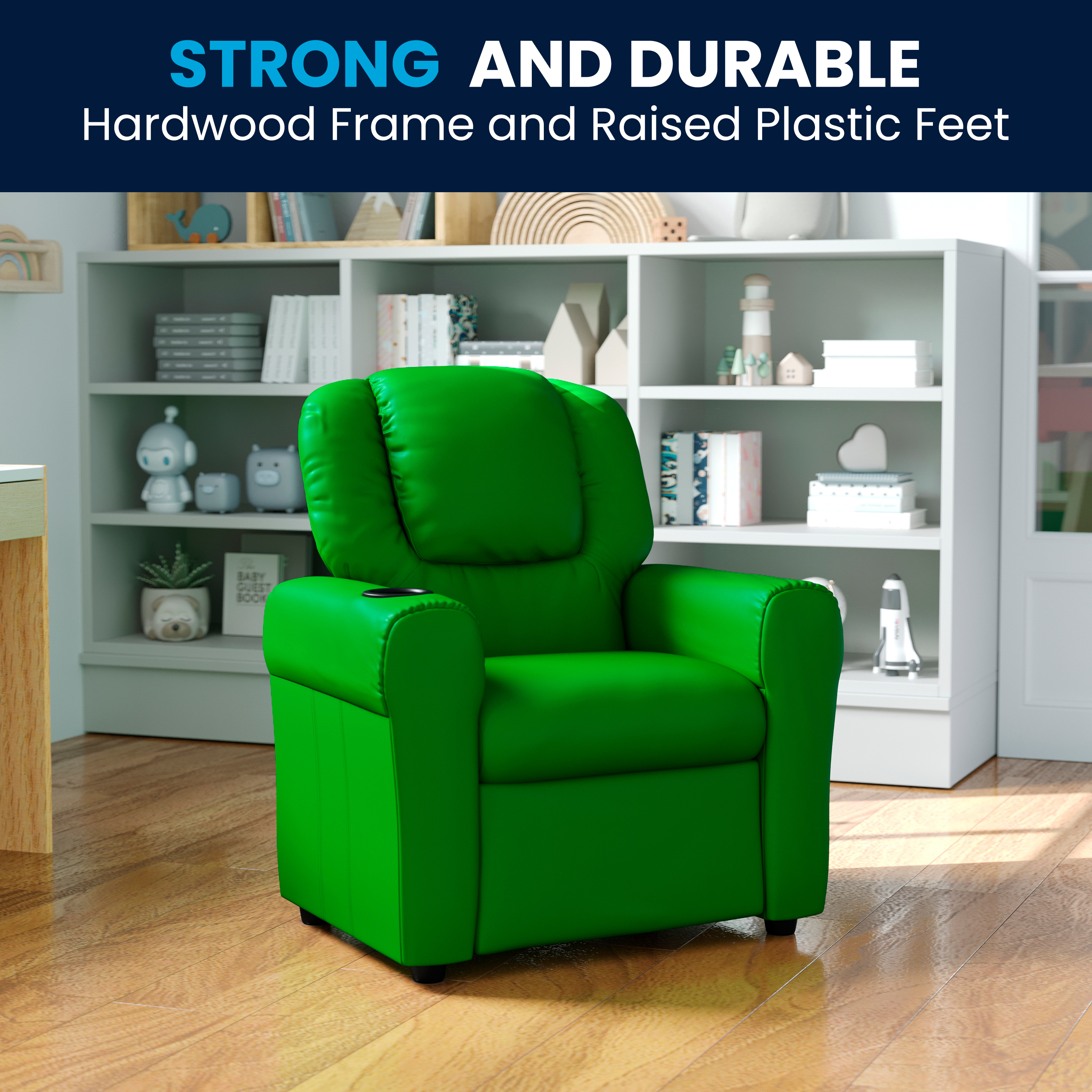 Vana Contemporary Green Vinyl Kids Recliner with Cup Holder and Headrest