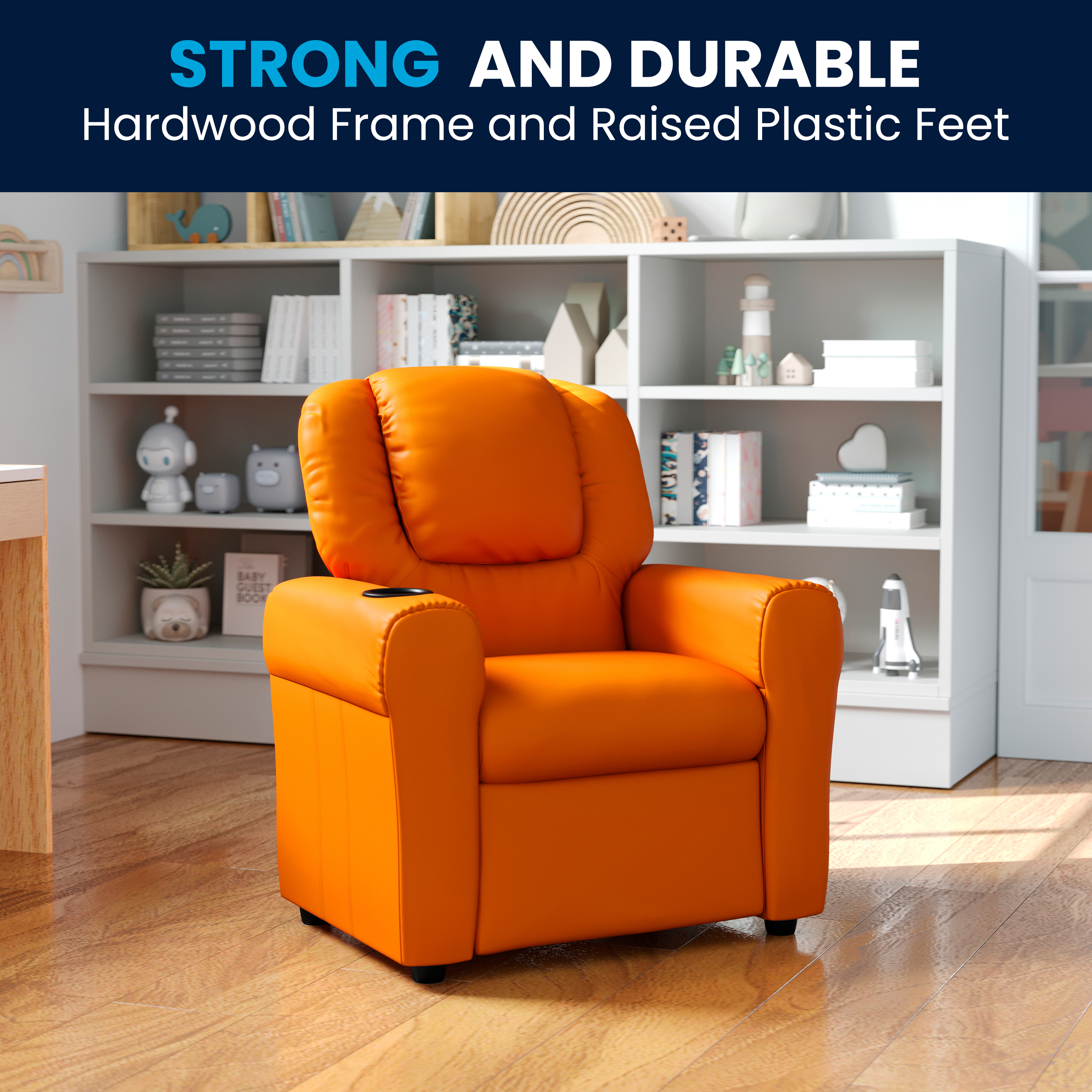 Vana Contemporary Orange Vinyl Kids Recliner with Cup Holder and Headrest