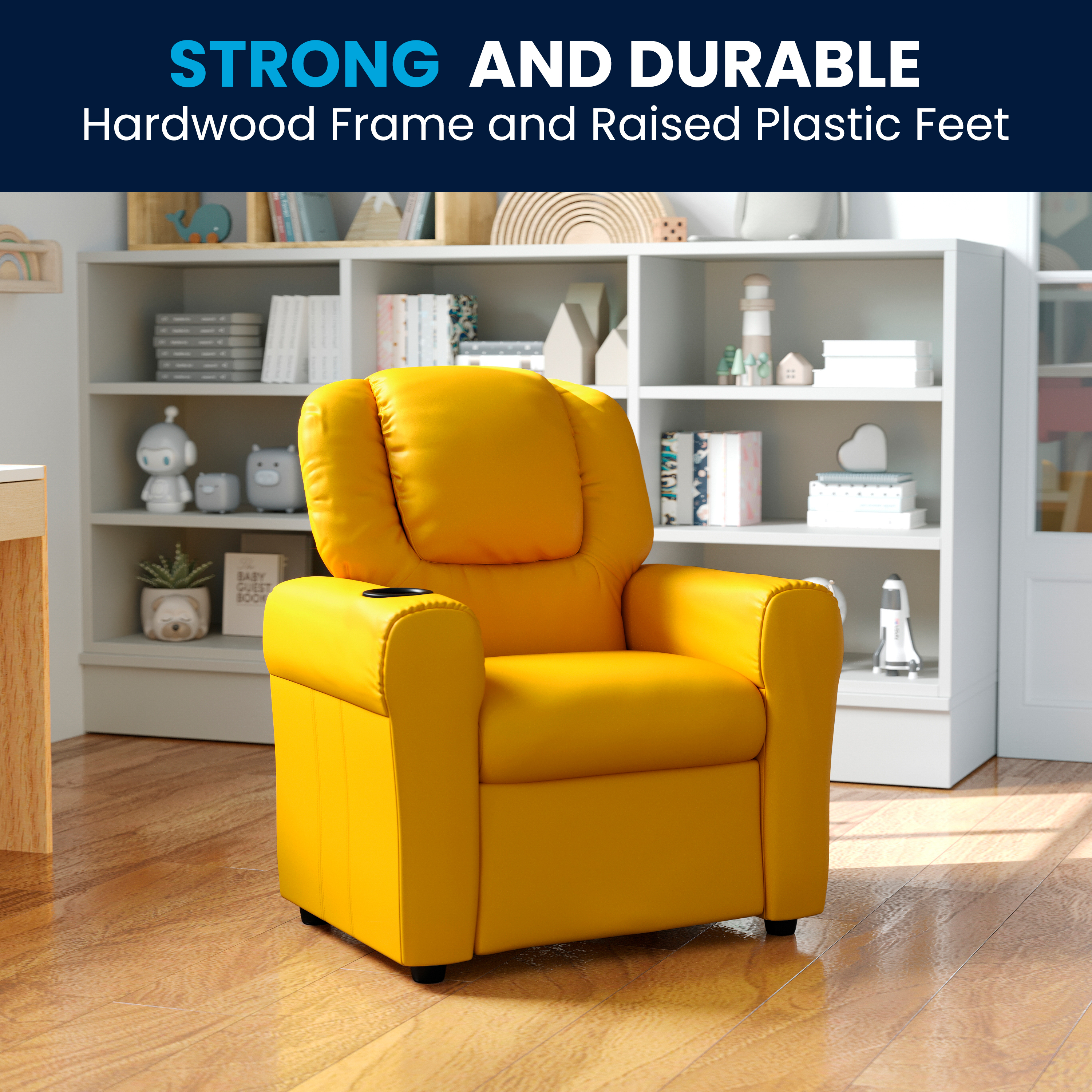Vana Contemporary Yellow Vinyl Kids Recliner with Cup Holder and Headrest