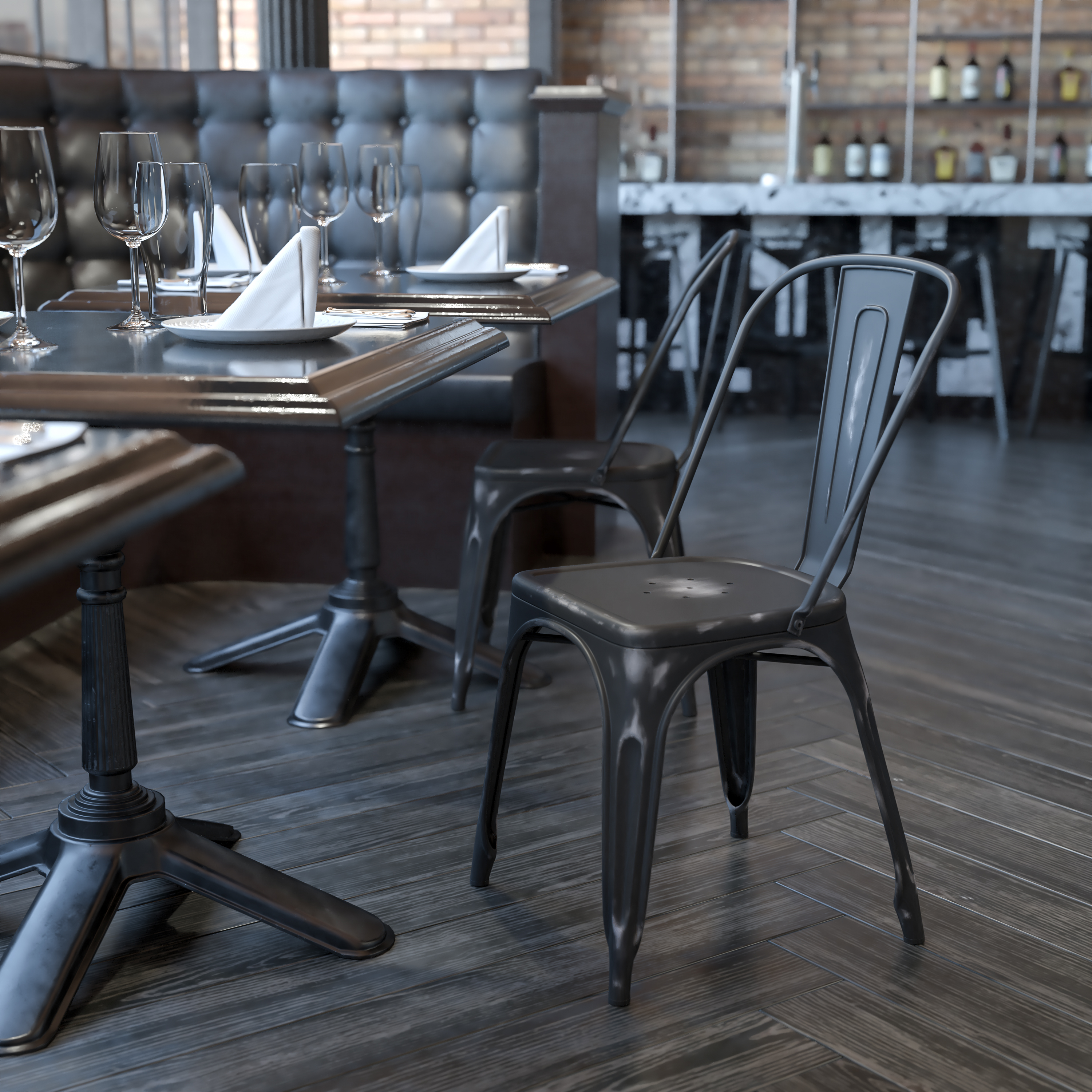 Tenley Commercial Grade Distressed Black Metal Indoor-Outdoor Stackable Chair