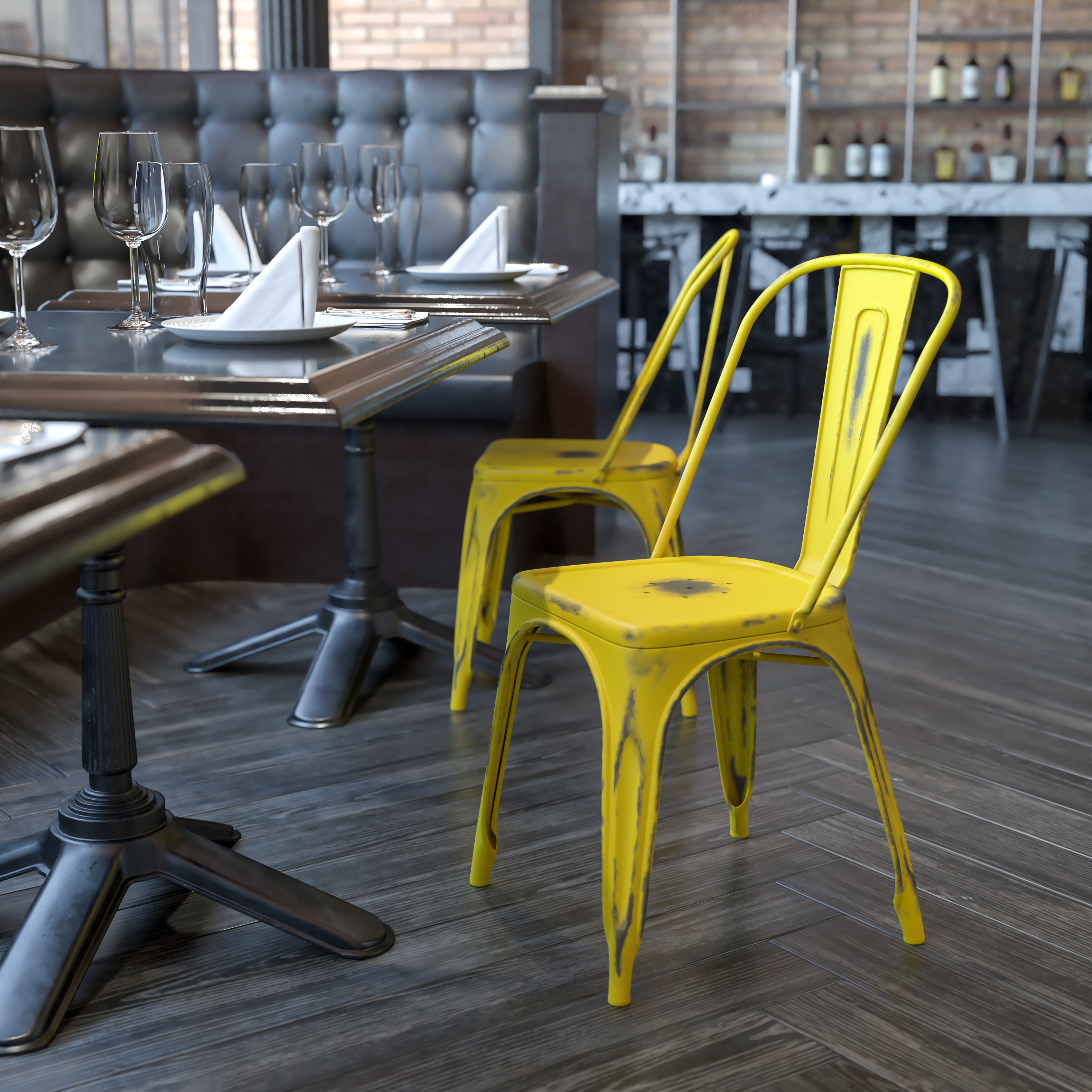 Tenley Commercial Grade Distressed Yellow Metal Indoor-Outdoor Stackable Chair
