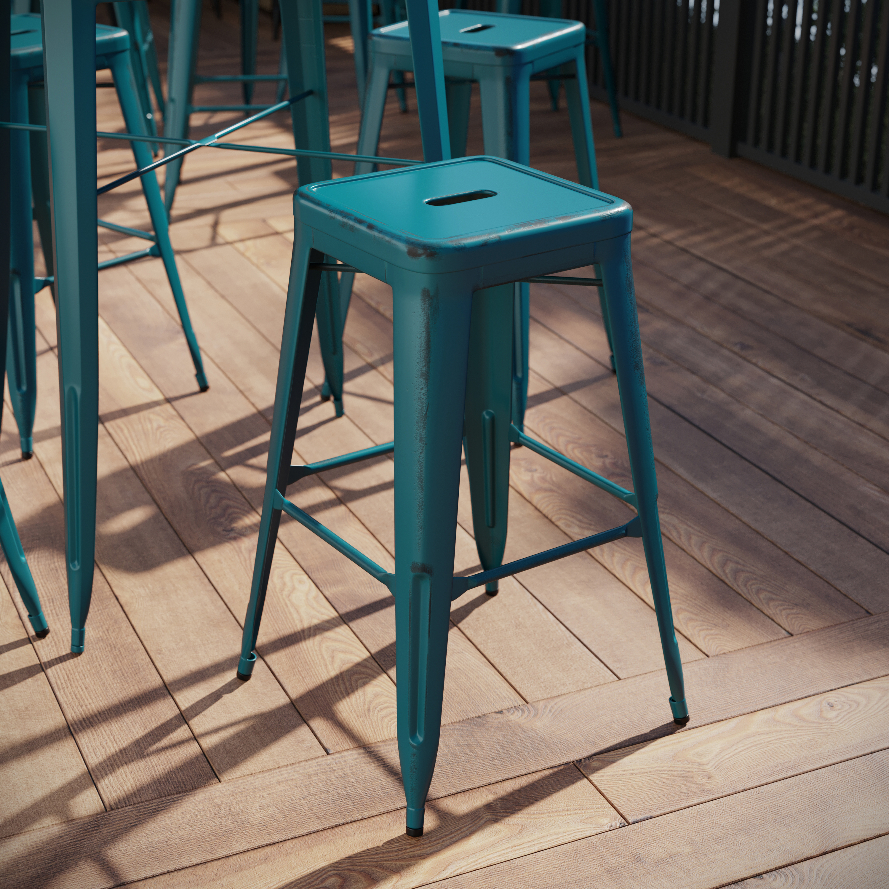 Kai Commercial Grade 30" High Backless Distressed Kelly Blue-Teal Metal Indoor-Outdoor Barstool