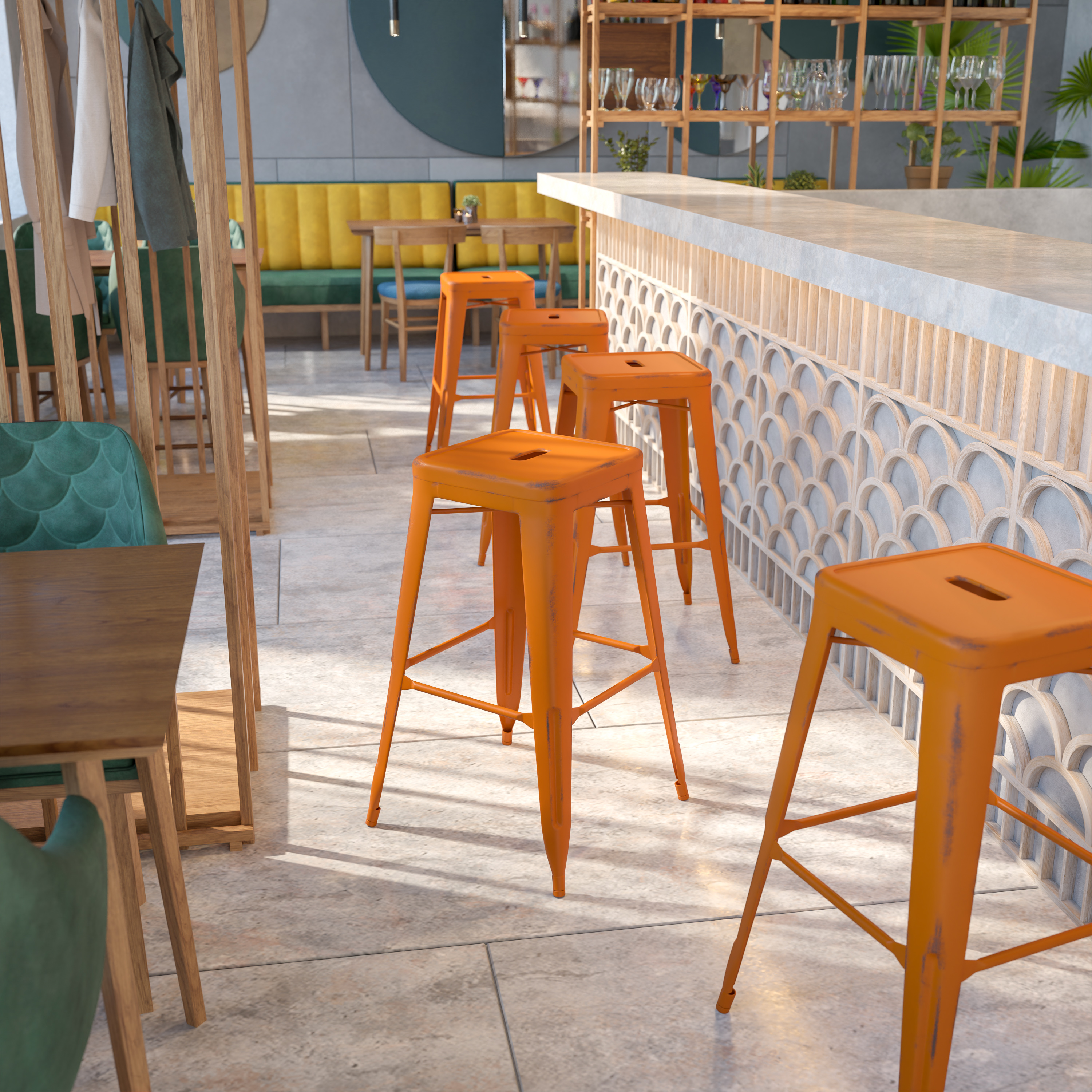 Kai Commercial Grade 30" High Backless Distressed Orange Metal Indoor-Outdoor Barstool