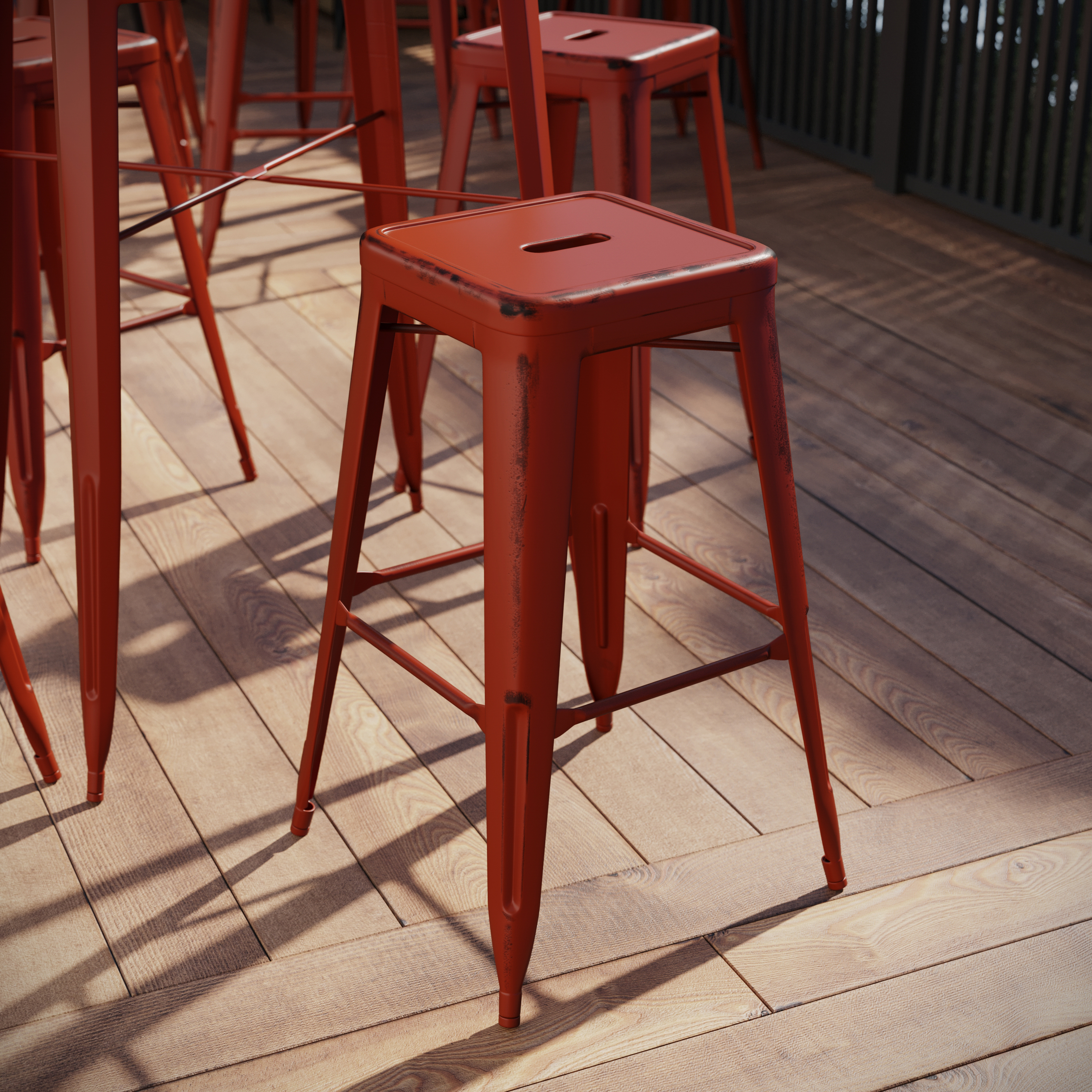 Kai Commercial Grade 30" High Backless Distressed Kelly Red Metal Indoor-Outdoor Barstool