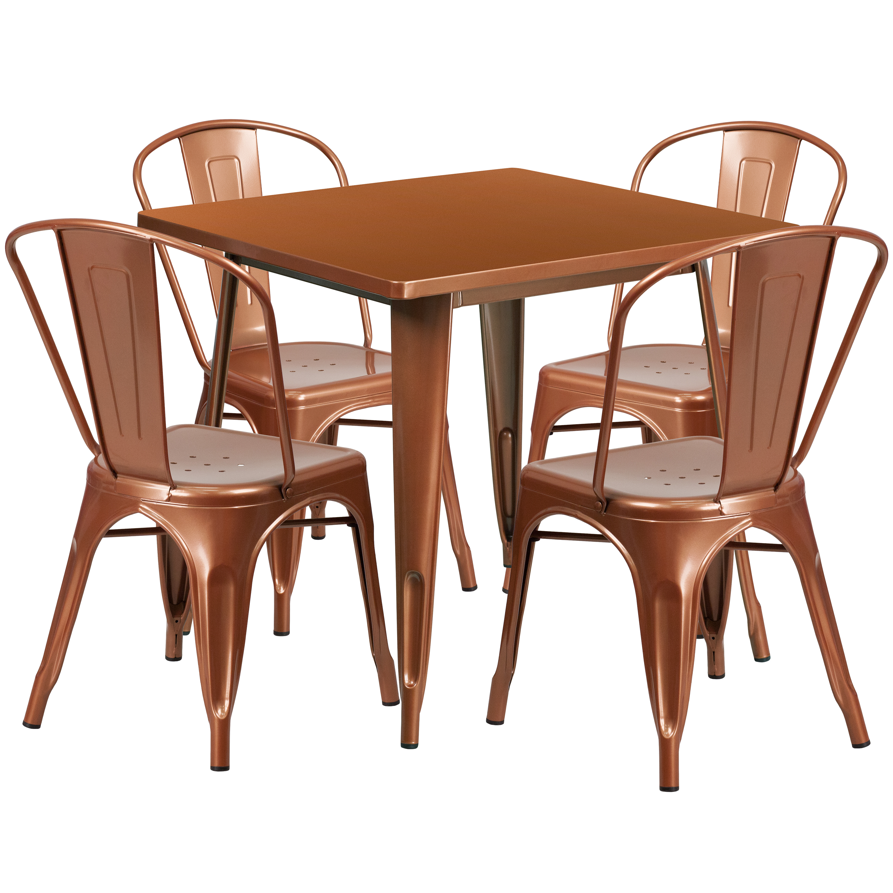 Foster Commercial Grade 31.5" Square Copper Metal Indoor-Outdoor Table Set with 4 Stack Chairs