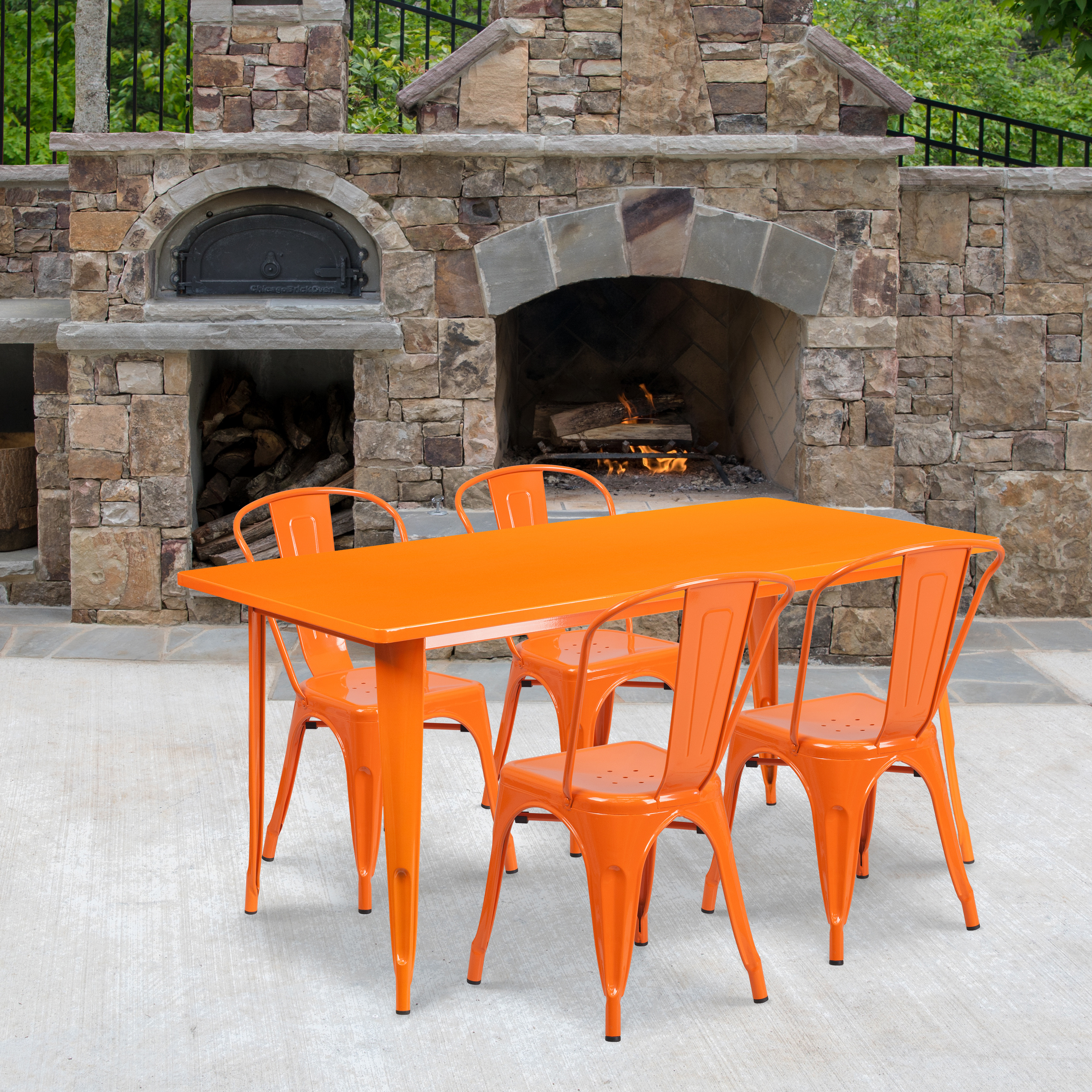 Darcy Commercial Grade 31.5" x 63" Rectangular Orange Metal Indoor-Outdoor Table Set with 4 Stack Chairs