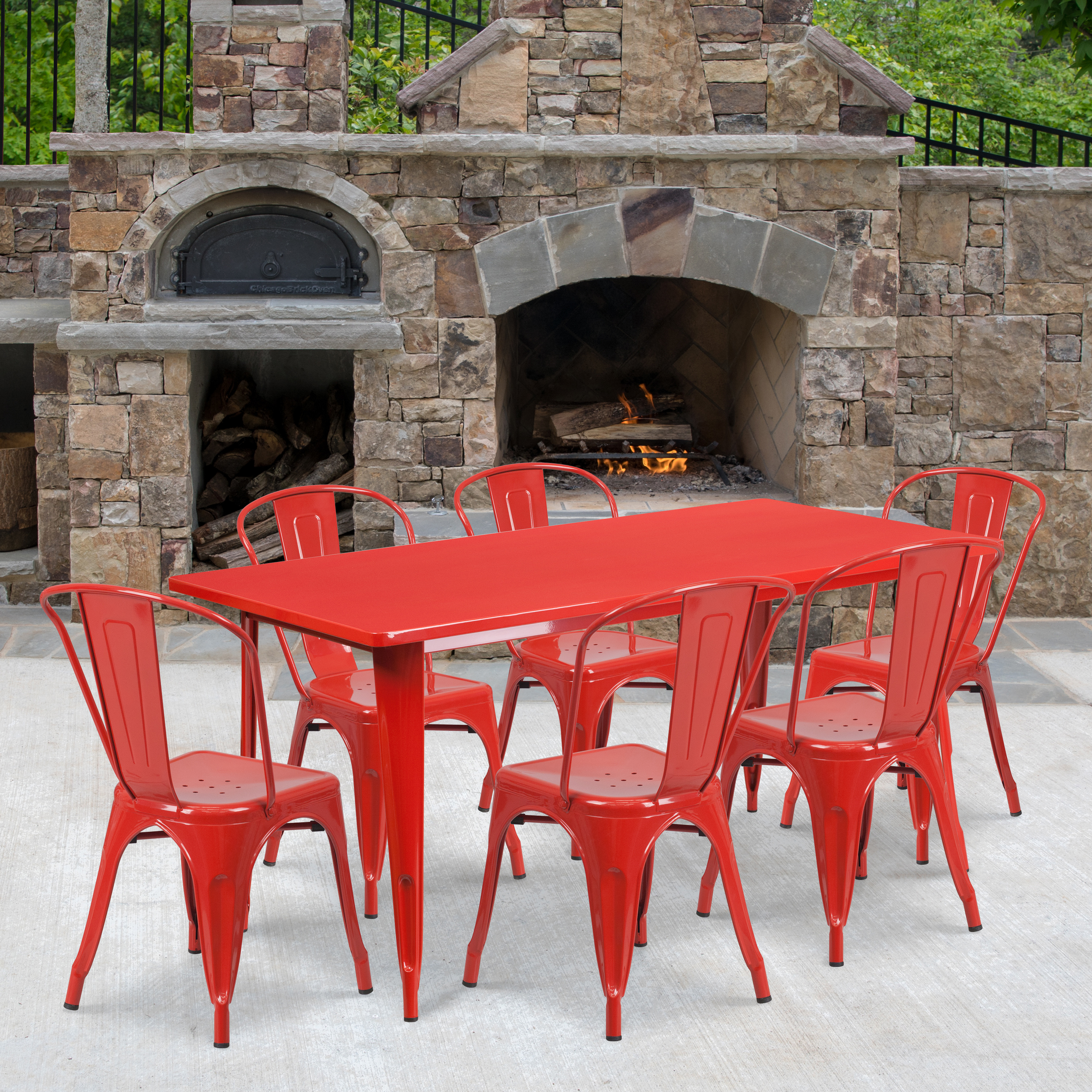 Gilbert Commercial Grade 31.5" x 63" Rectangular Red Metal Indoor-Outdoor Table Set with 6 Stack Chairs