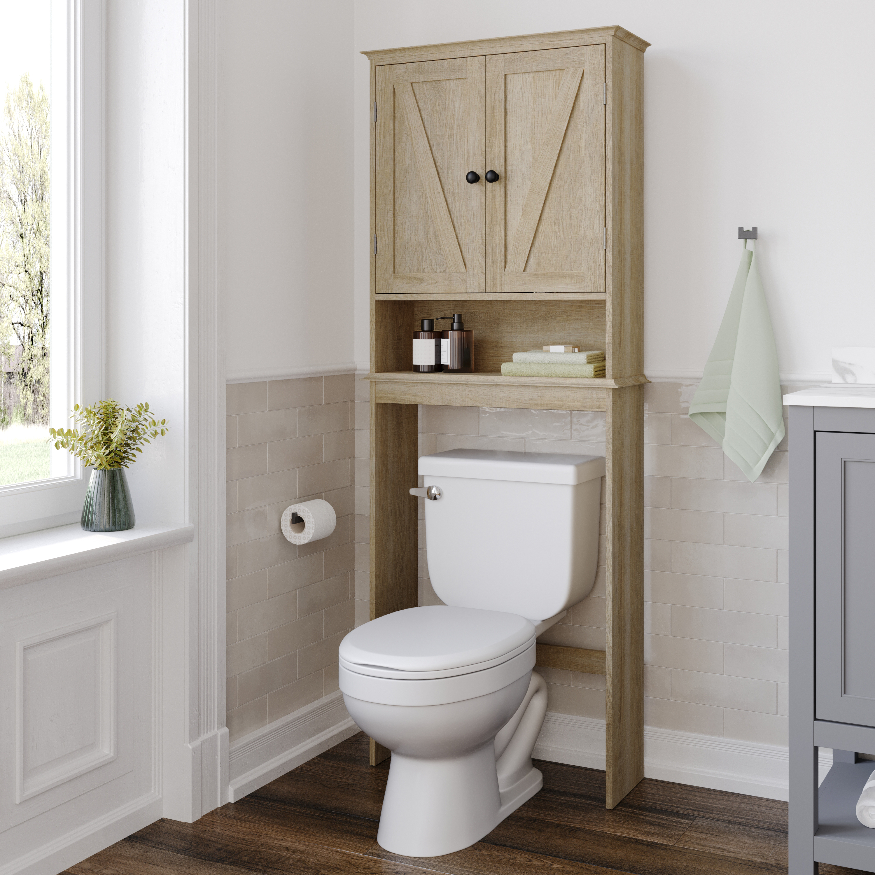 Dune Farmhouse Over the Toilet Shelf Cabinet, Magnetic Close Doors, Adjustable In-Cabinet Shelf, Lower Open Shelf, Metal Handles and Hinges, Brown