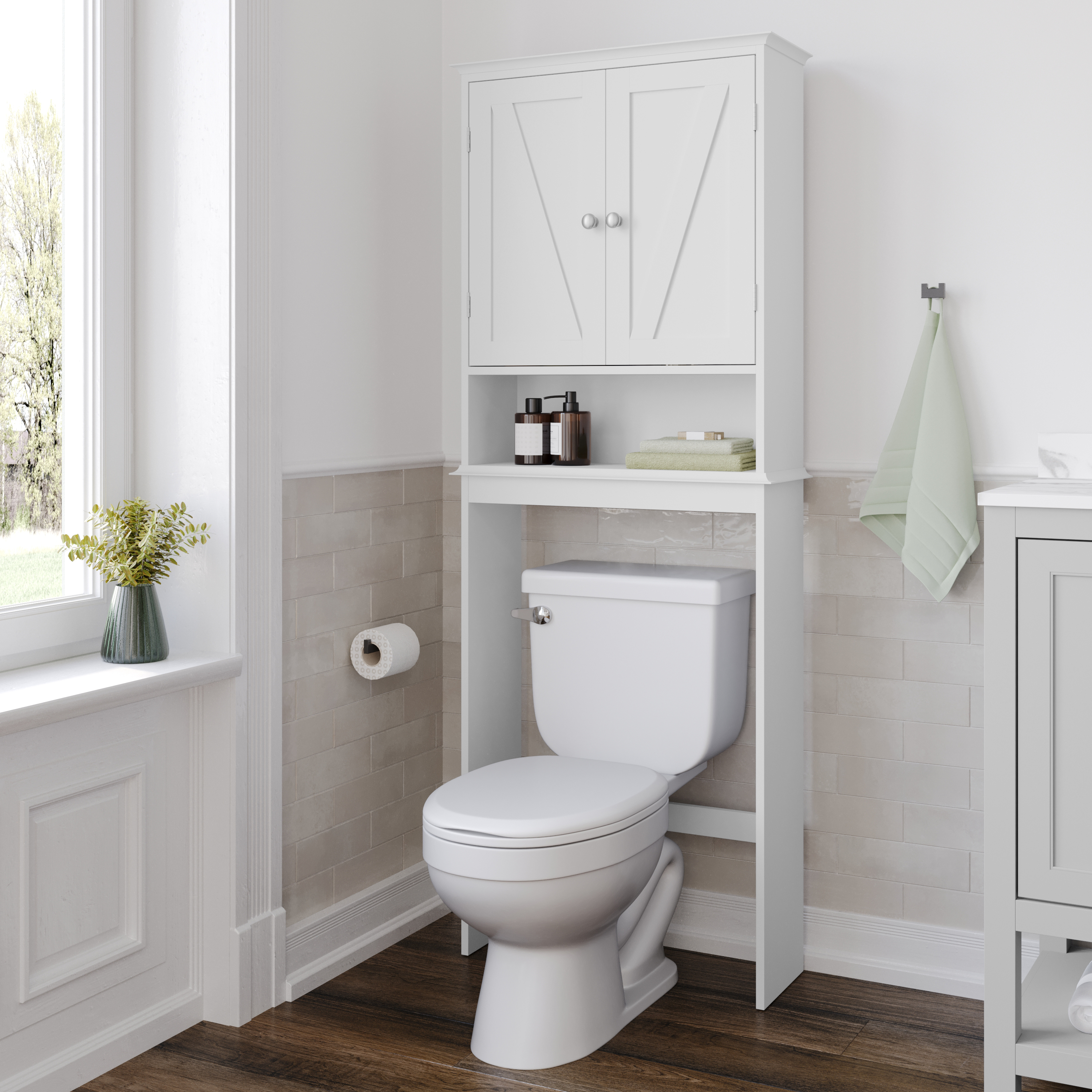 Dune Farmhouse Over the Toilet Shelf Cabinet, Magnetic Close Doors, Adjustable In-Cabinet Shelf, Lower Open Shelf, Metal Handles and Hinges, White