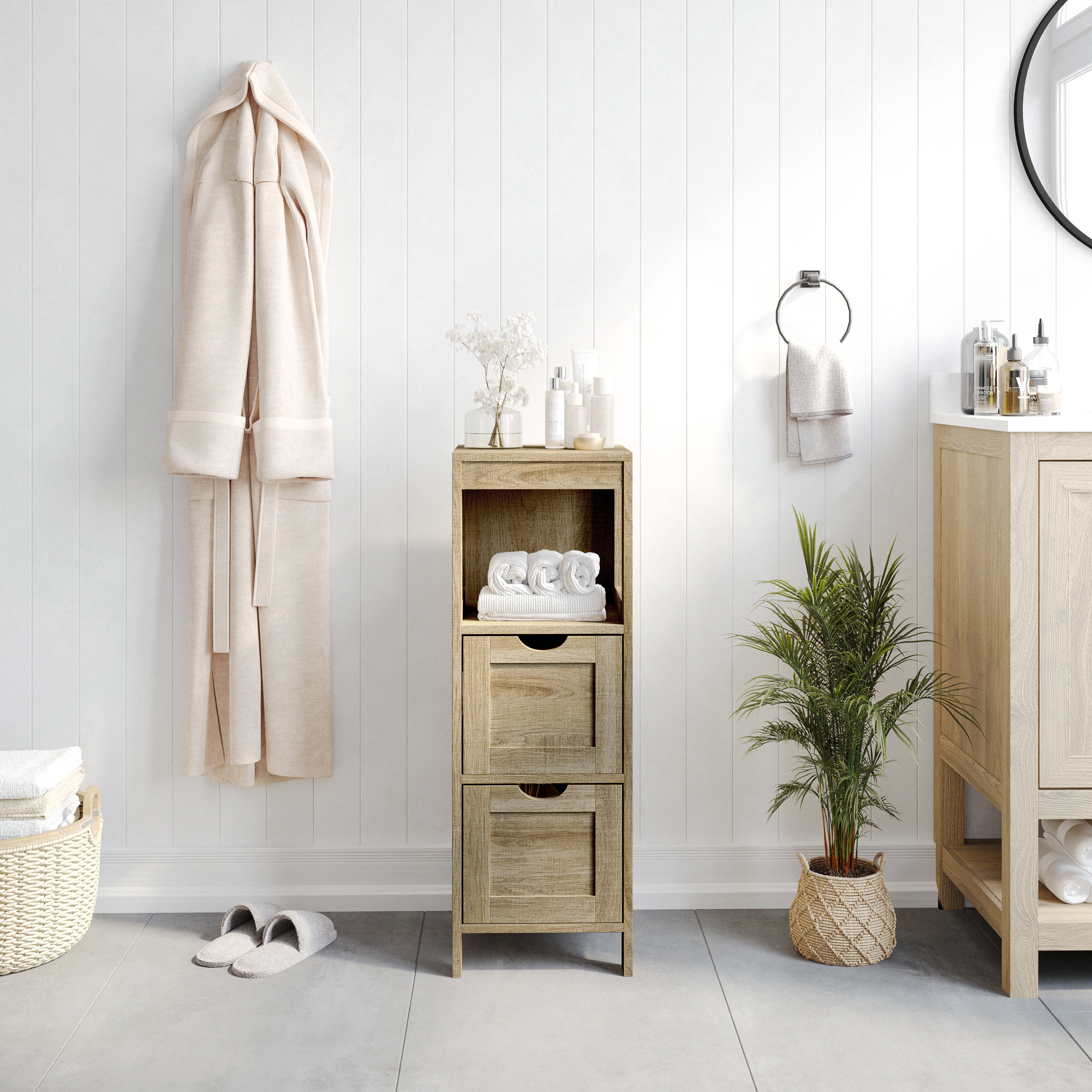 Dune Farmhouse Bathroom Storage Organizer with Two Removable Drawers and Open Display Shelf in Brown