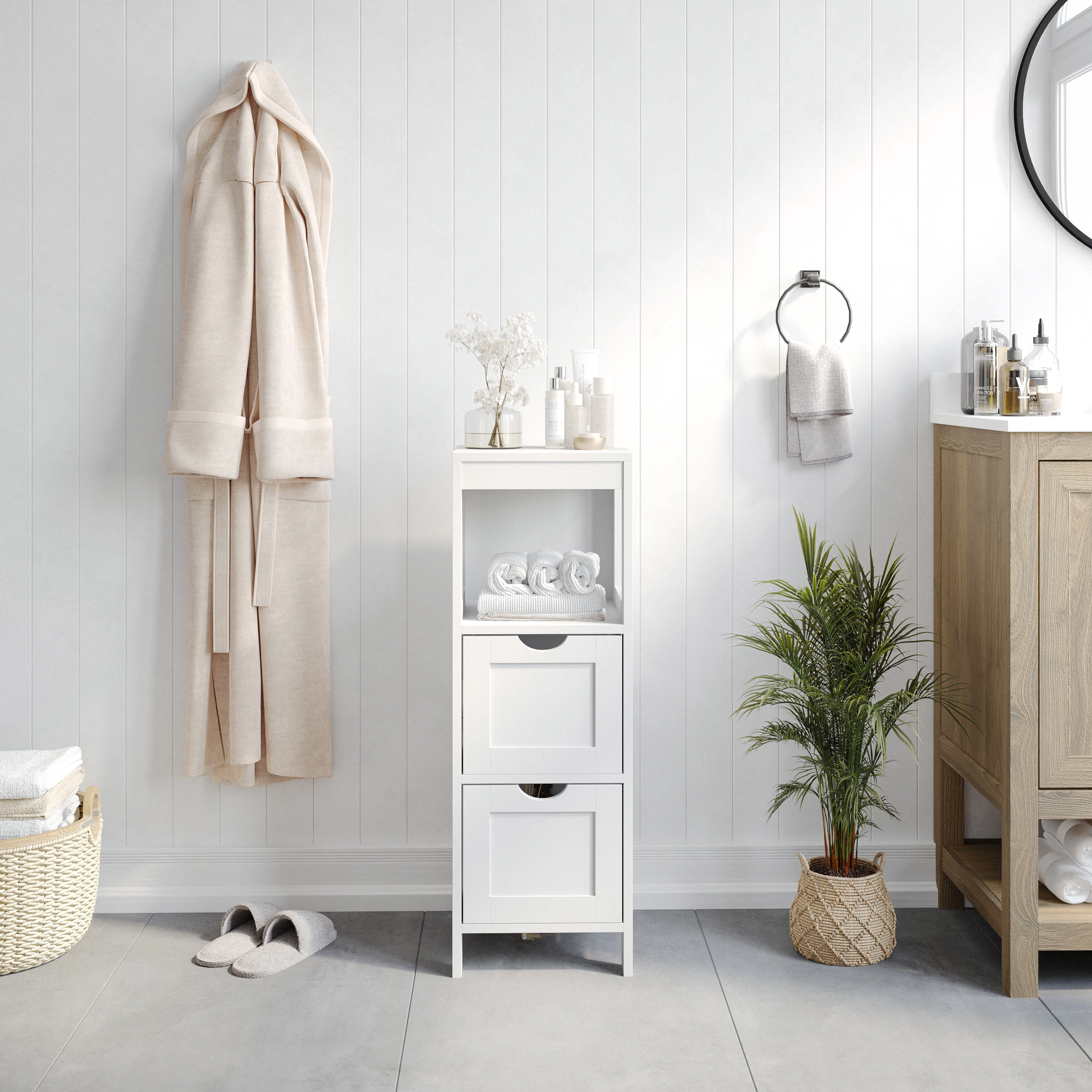 Dune Farmhouse Bathroom Storage Organizer with Two Removable Drawers and Open Display Shelf in White