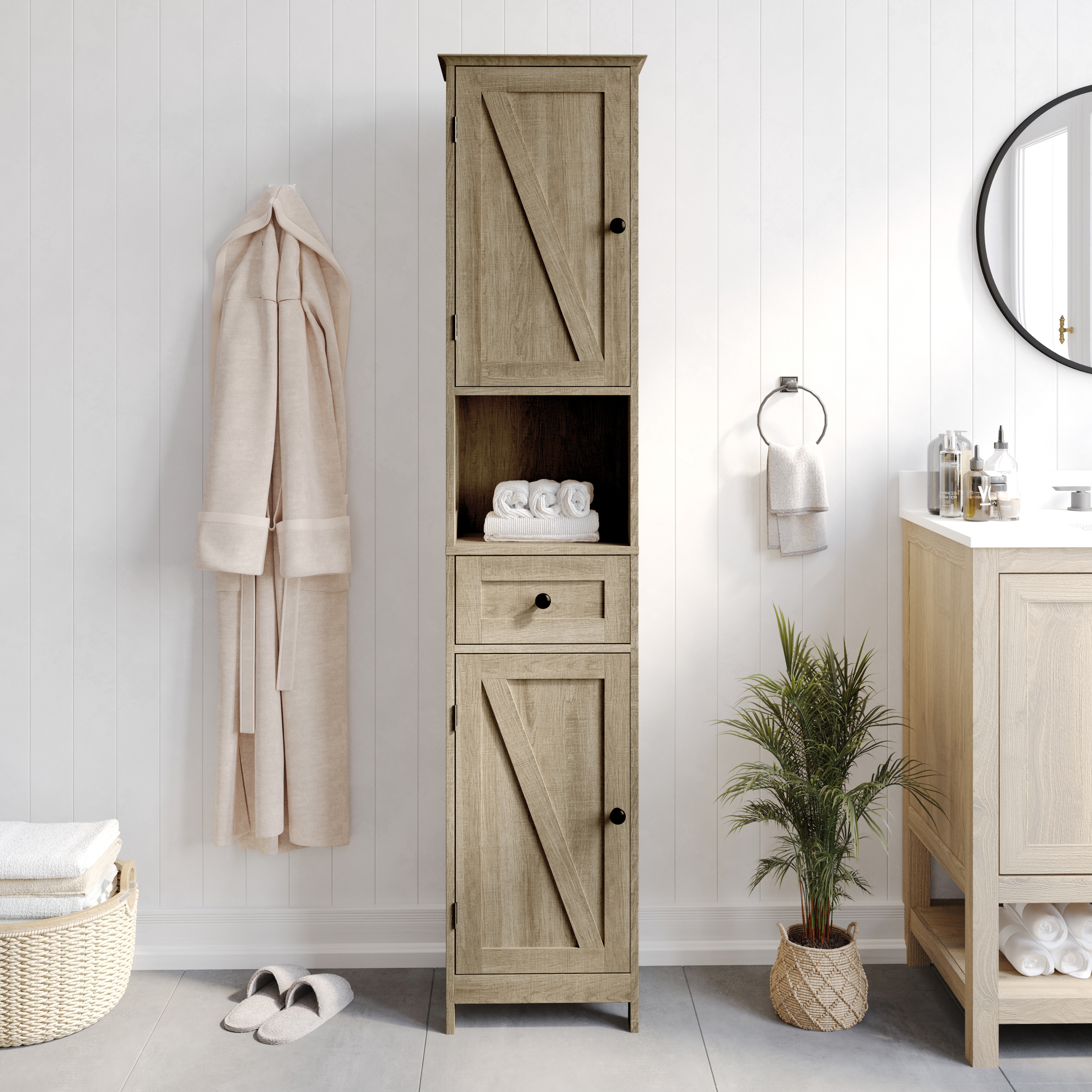 Dune Farmhouse Freestanding Bathroom Linen Tower Storage Cabinet with Magnetic Close Doors, 2 Adjustable Shelves, Open Display Shelf, Drawer in Brown
