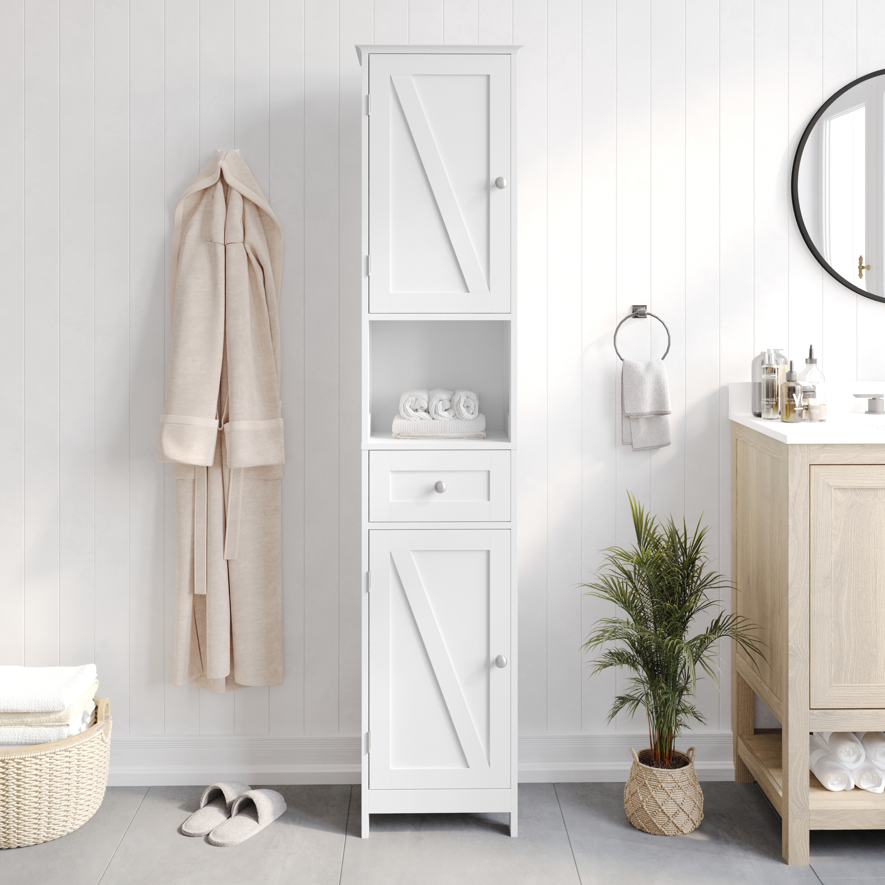 Dune Farmhouse Freestanding Bathroom Linen Tower Storage Cabinet with Magnetic Close Doors, 2 Adjustable Shelves, Open Display Shelf, Drawer in White