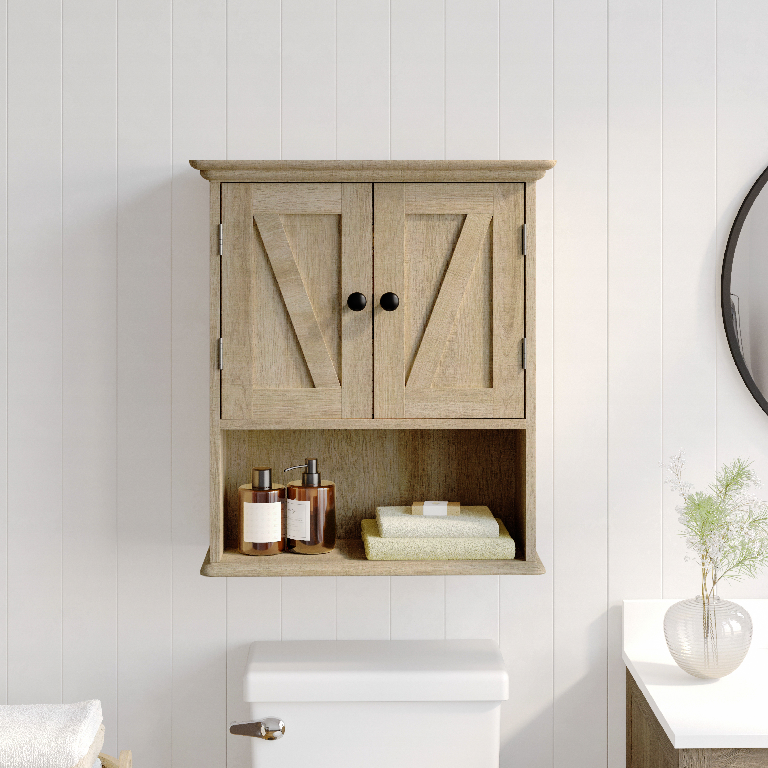 Dune Farmhouse Wall Mounted Bathroom Medicine Cabinet Storage Organizer with 2 Magnetic Closure Doors, Adjustable Shelf, and Lower Open Shelf in Brown