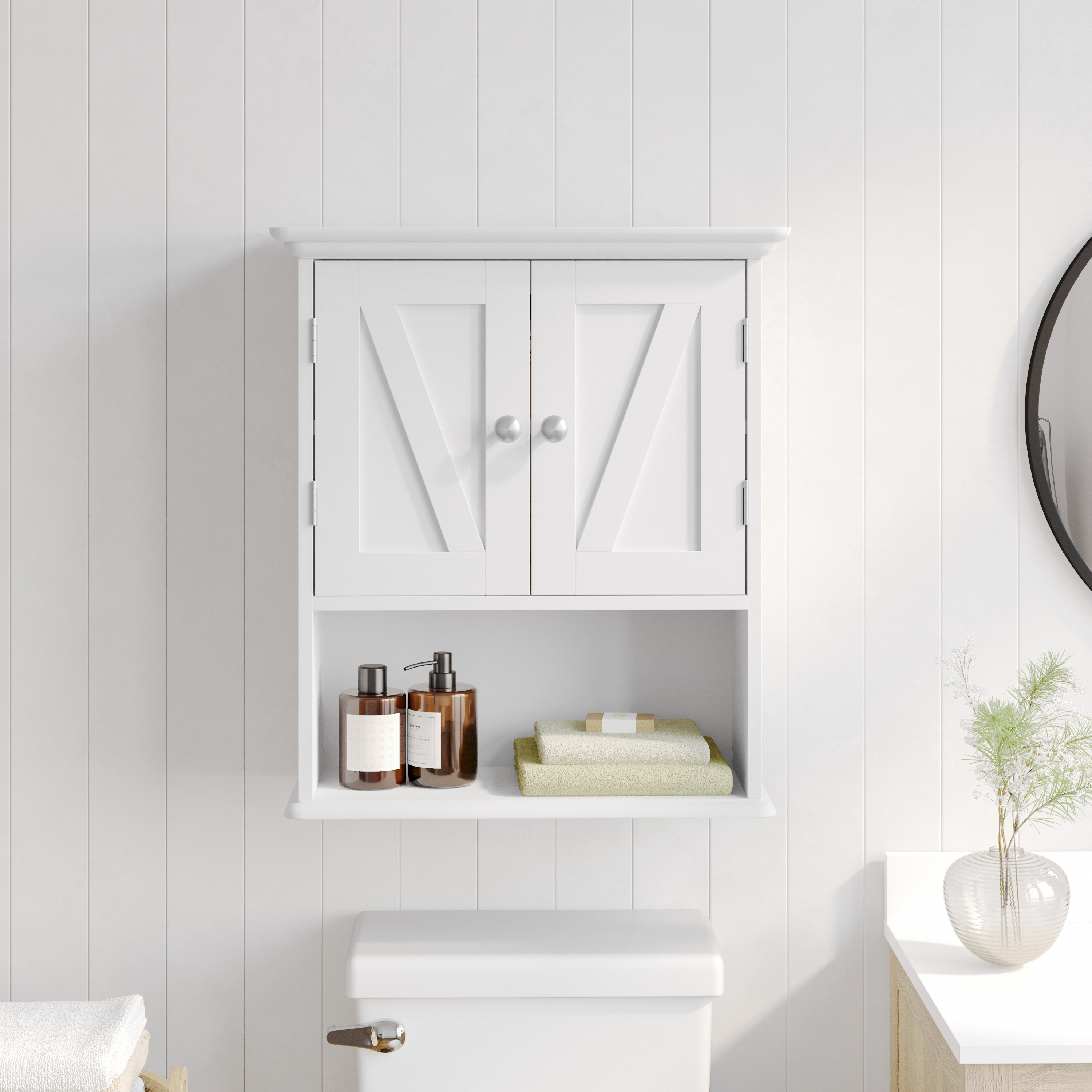Dune Farmhouse Wall Mounted Bathroom Medicine Cabinet Storage Organizer with 2 Magnetic Closure Doors, Adjustable Shelf, and Lower Open Shelf in White