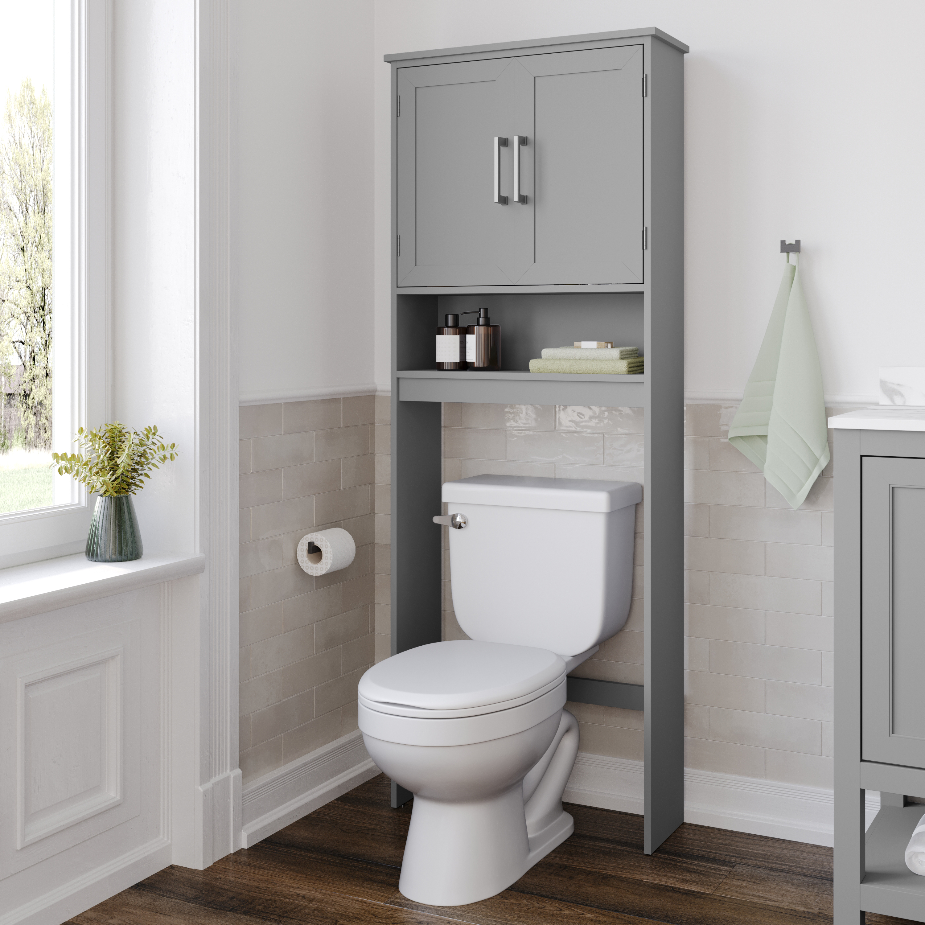 Vega Over the Toilet Bathroom Storage Cabinet Organizer with 2 Magnetic Closure Doors, Adjustable Cabinet Shelf, and Open Lower Shelf in Gray
