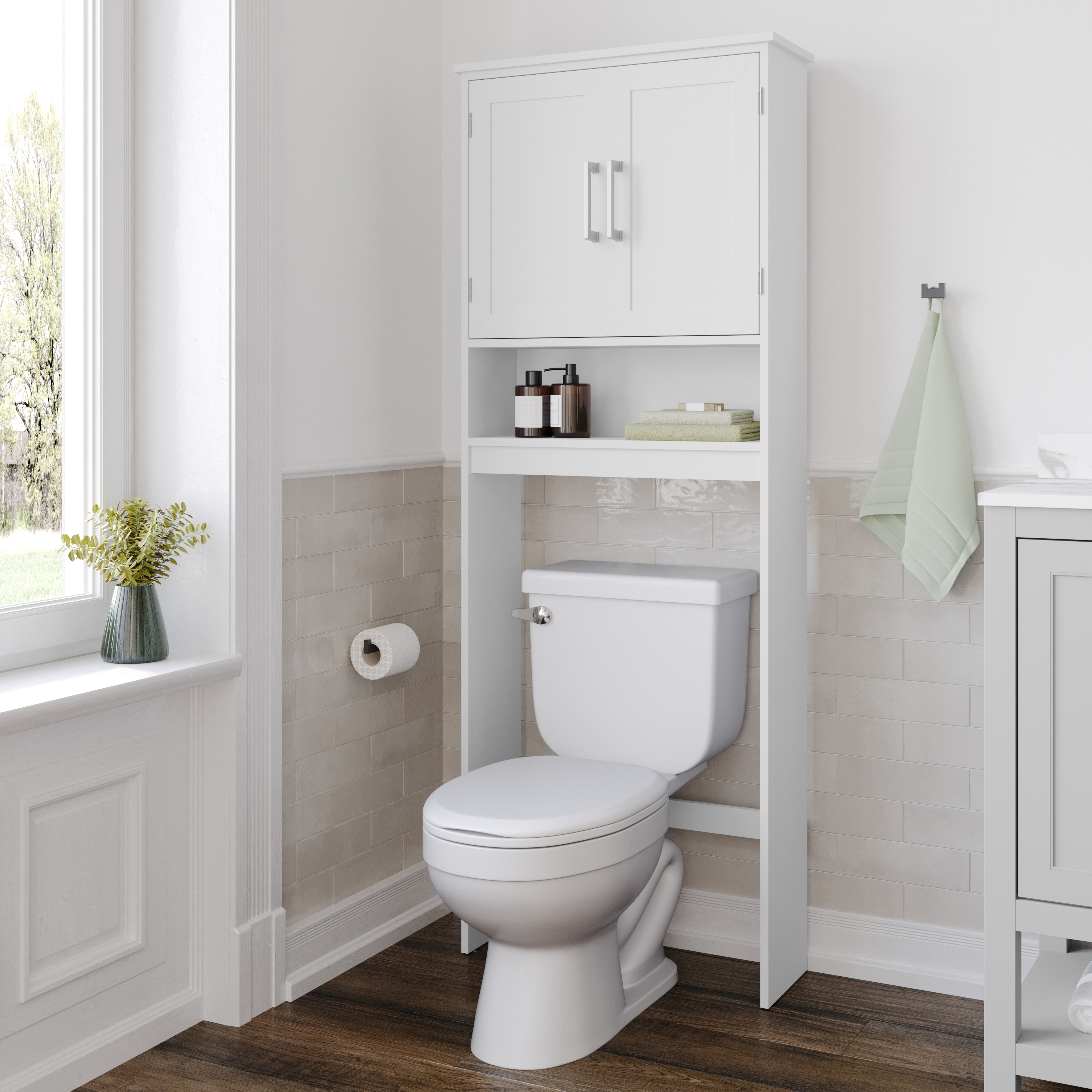 Vega Over the Toilet Bathroom Storage Cabinet Organizer with 2 Magnetic Closure Doors, Adjustable Cabinet Shelf, and Open Lower Shelf in White