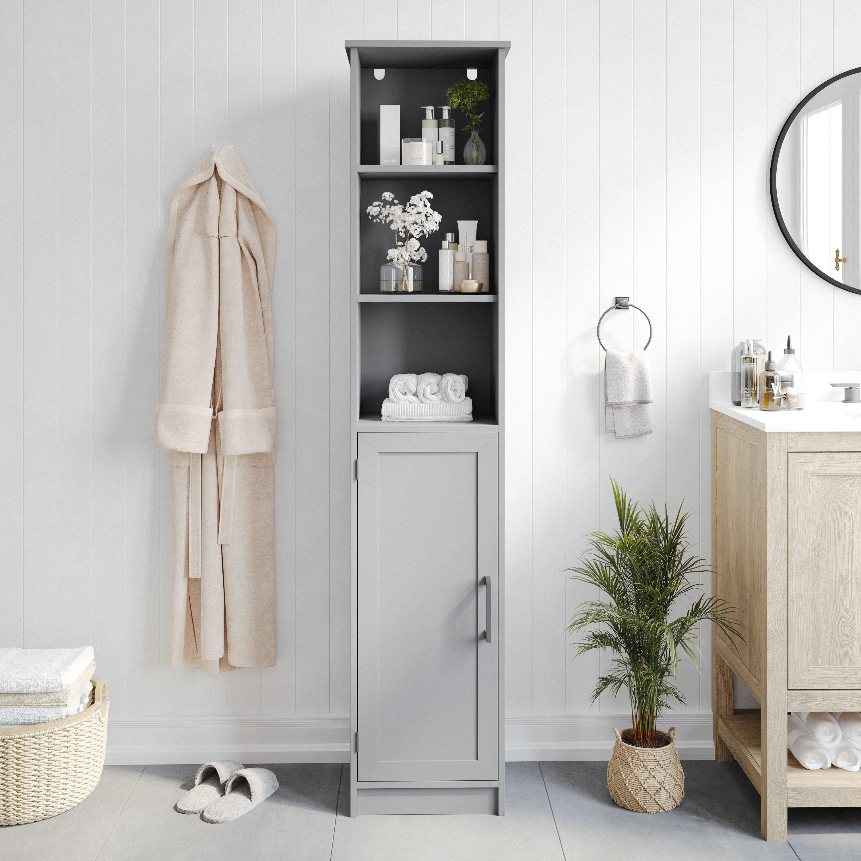 Vega Freestanding Linen Tower Storage Cabinet with Magnetic Close Door, In-Cabinet Adjustable Shelf, and 3 Upper Open Shelves in Gray