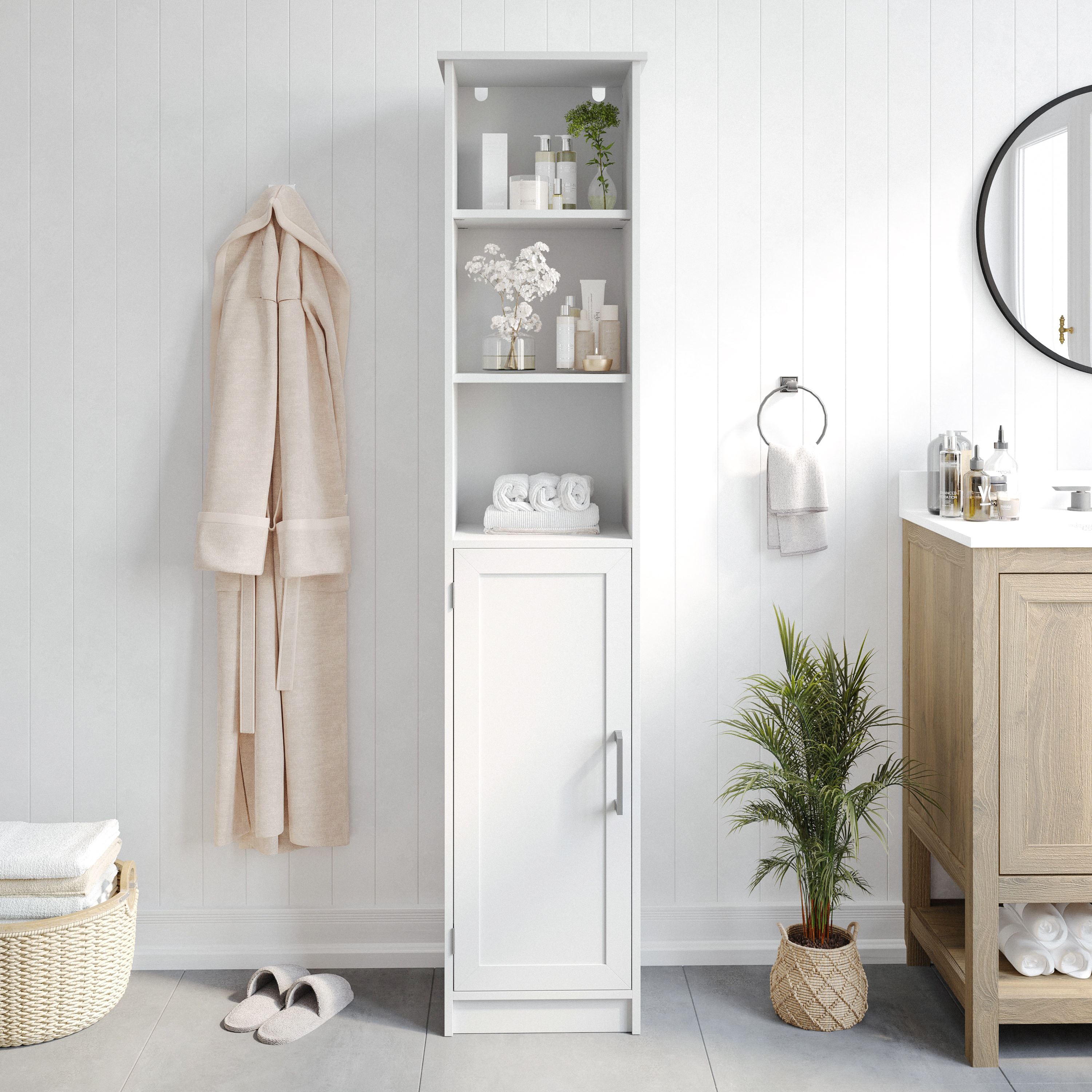 Vega Freestanding Linen Tower Storage Cabinet with Magnetic Close Door, In-Cabinet Adjustable Shelf, and 3 Upper Open Shelves in White
