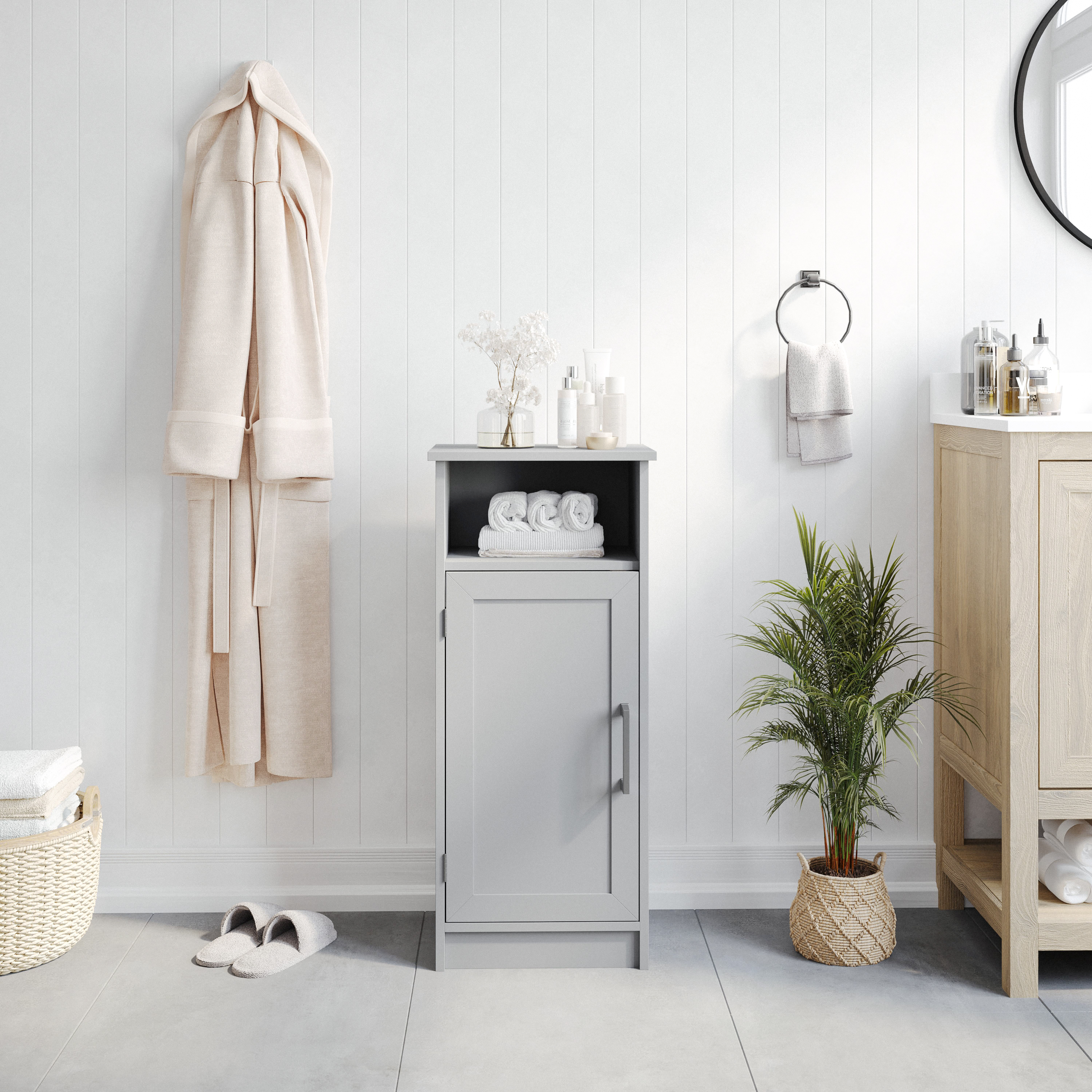 Vega Bathroom Storage Cabinet Organizer with Magnetic Closure Door, In-Cabinet Adjustable Shelf, and Upper Open Shelf in Gray
