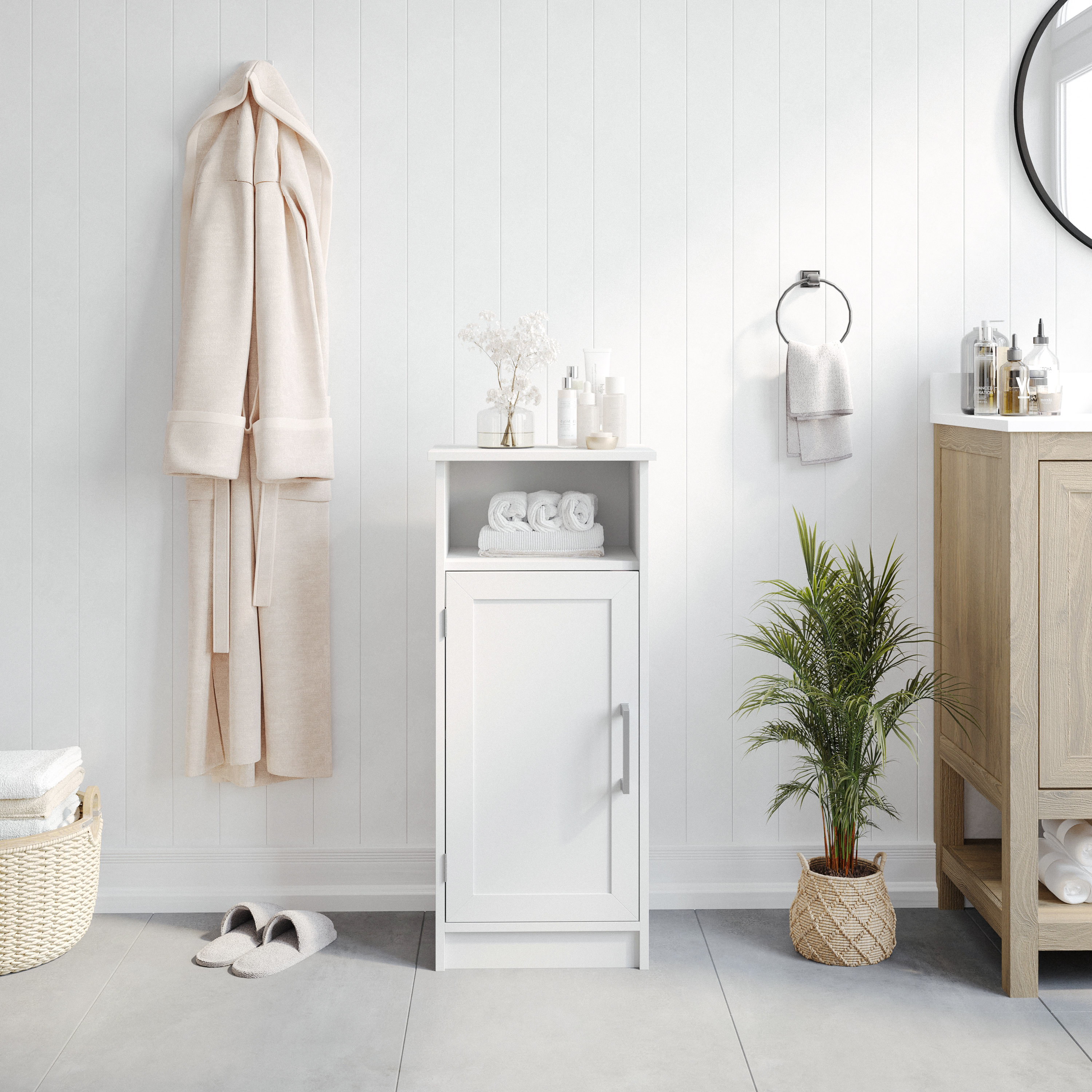 Vega Bathroom Storage Cabinet Organizer with Magnetic Closure Door, In-Cabinet Adjustable Shelf, and Upper Open Shelf in White