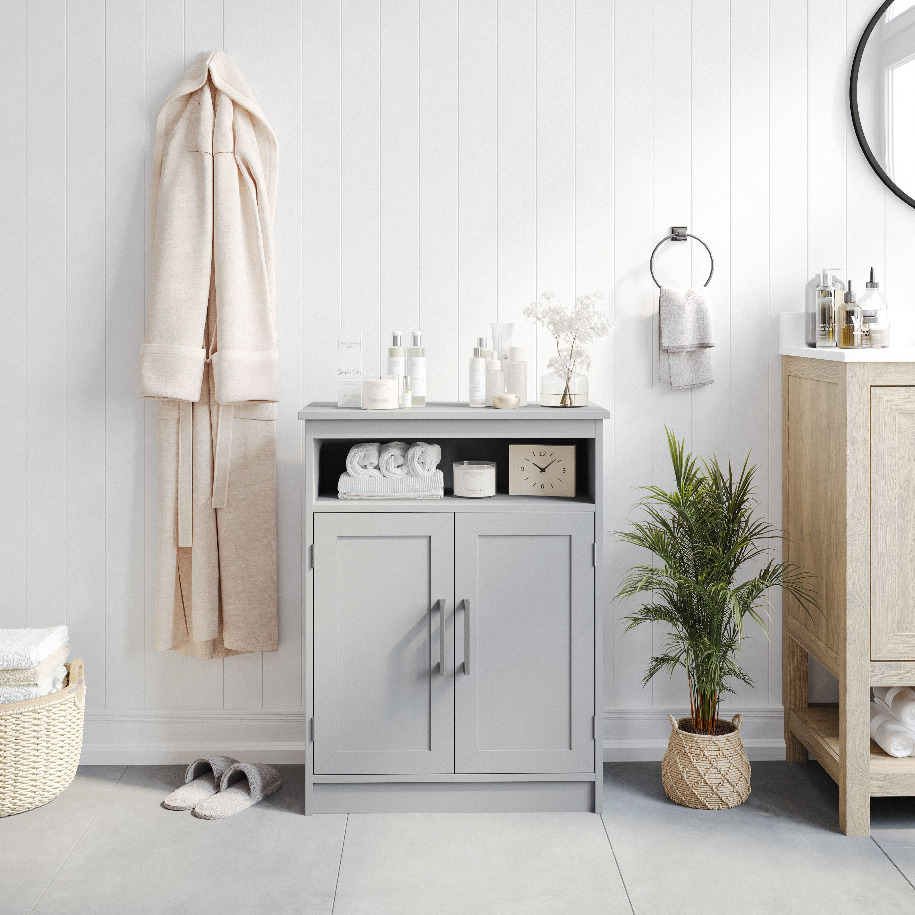 Vega Bathroom Storage Cabinet Organizer with Two Magnetic Closure Doors, In-Cabinet Adjustable Shelf, and Upper Open Shelf in Gray