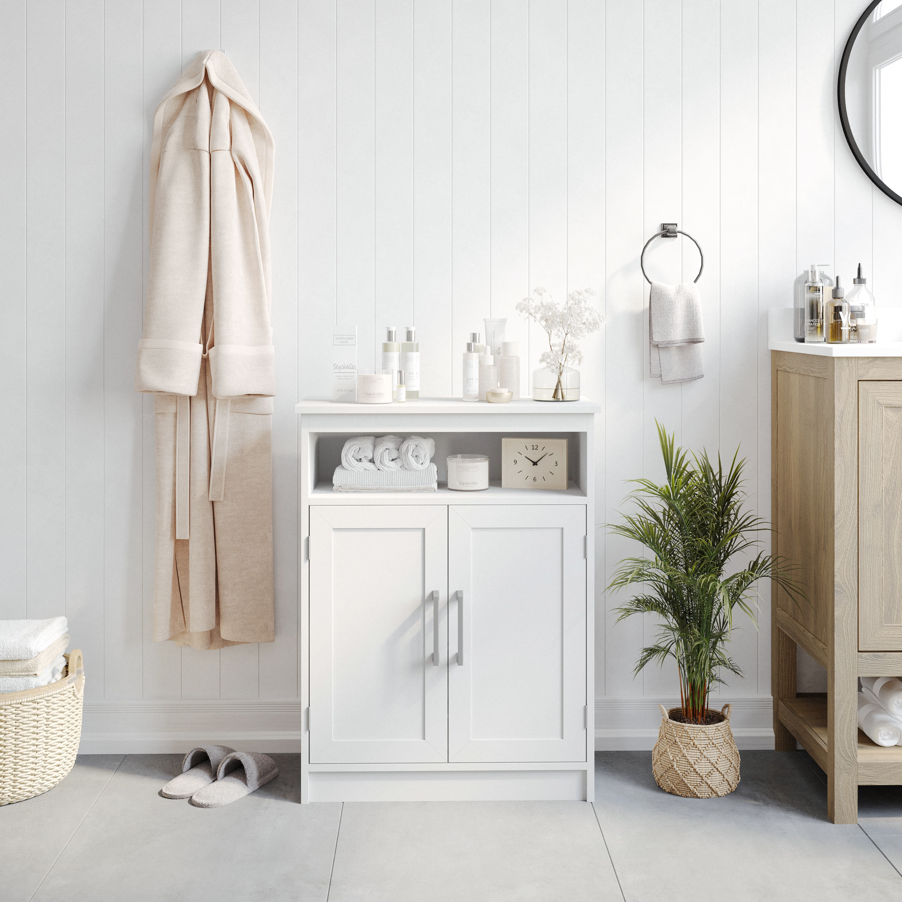 Vega Bathroom Storage Cabinet Organizer with Two Magnetic Closure Doors, In-Cabinet Adjustable Shelf, and Upper Open Shelf in White