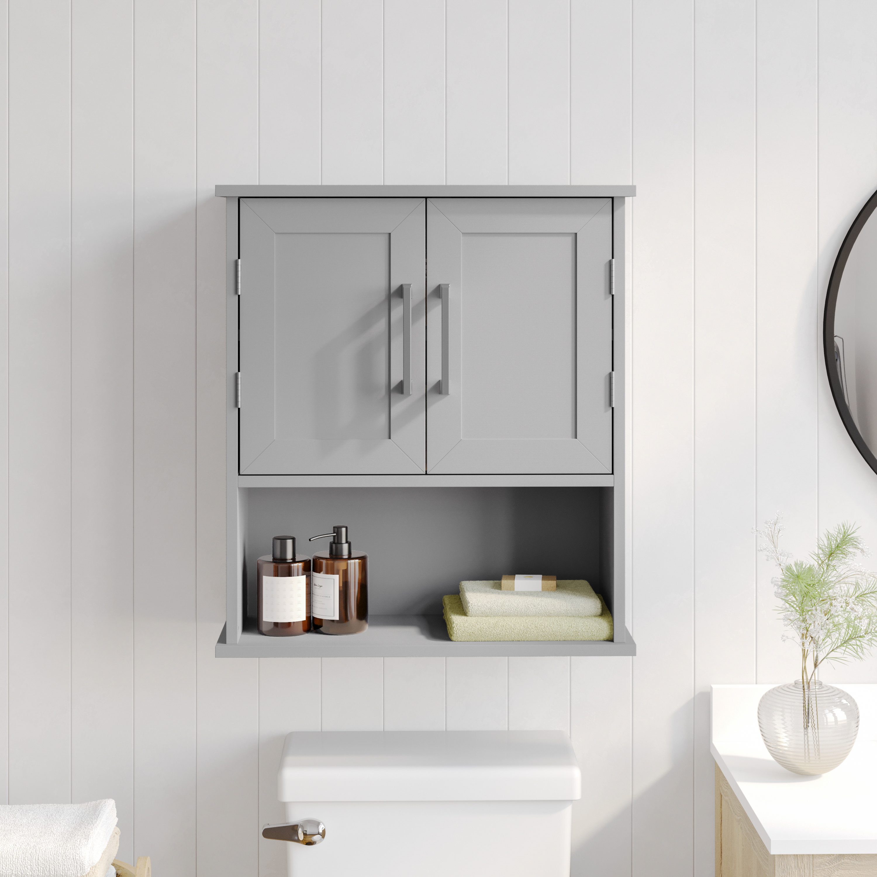Vega Wall Mounted Bathroom Medicine Cabinet Storage Organizer with Two Magnetic Closure Doors, Adjustable Shelf, and Lower Open Shelf in Gray