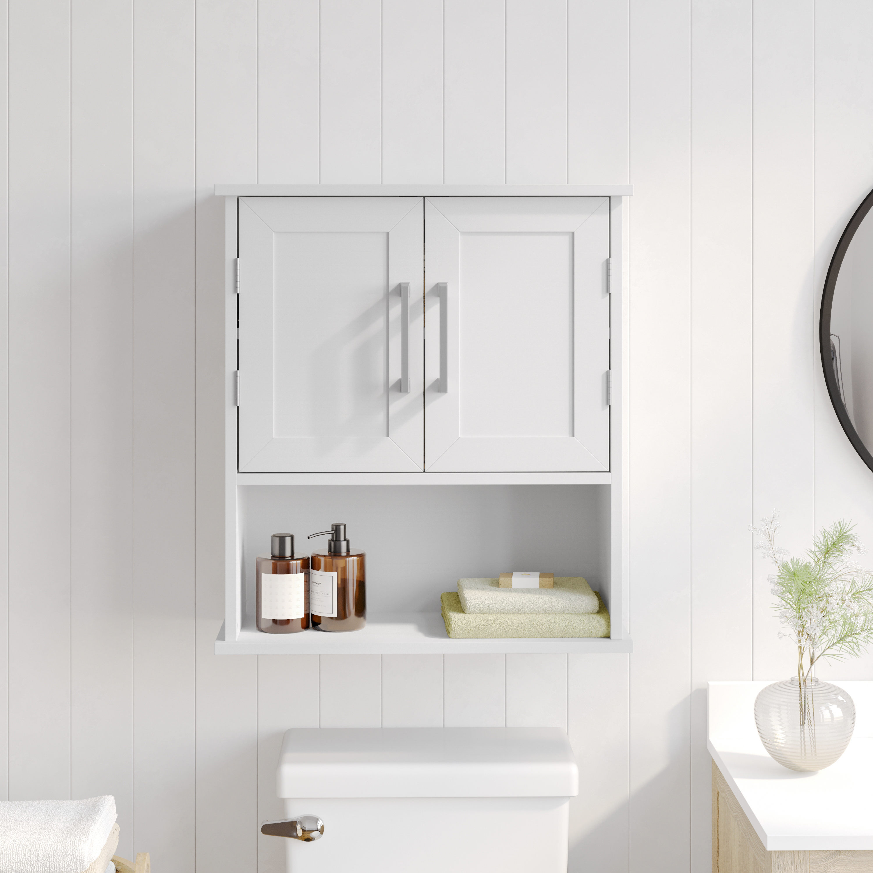 Vega Wall Mounted Bathroom Medicine Cabinet Storage Organizer with Two Magnetic Closure Doors, Adjustable Shelf, and Lower Open Shelf in White