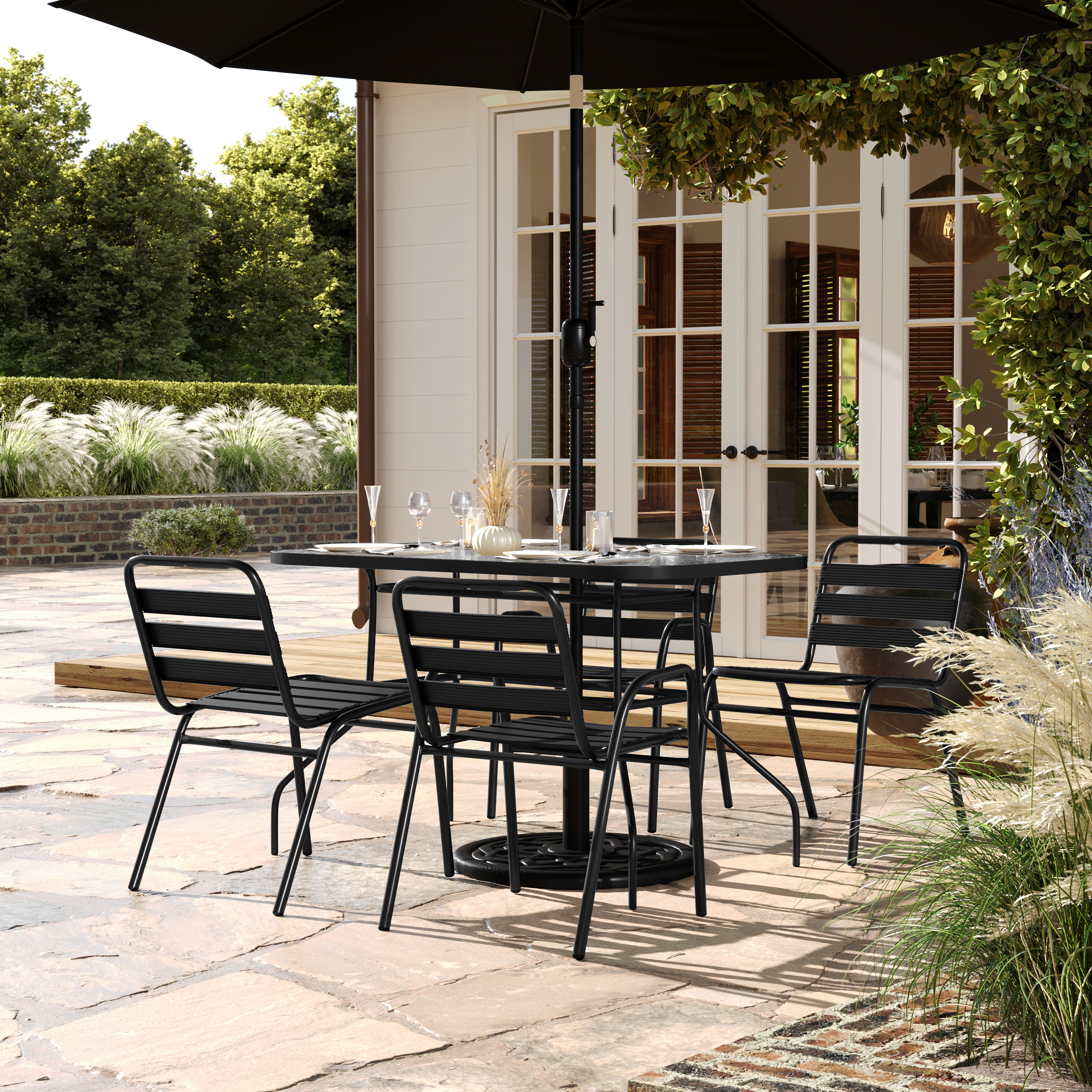 Lila 5 Piece Commercial Outdoor Patio Dining Set with 47" Glass Patio Table, 2 Black Triple Slat Chairs and 2 Black Triple Slat Chairs with Arms