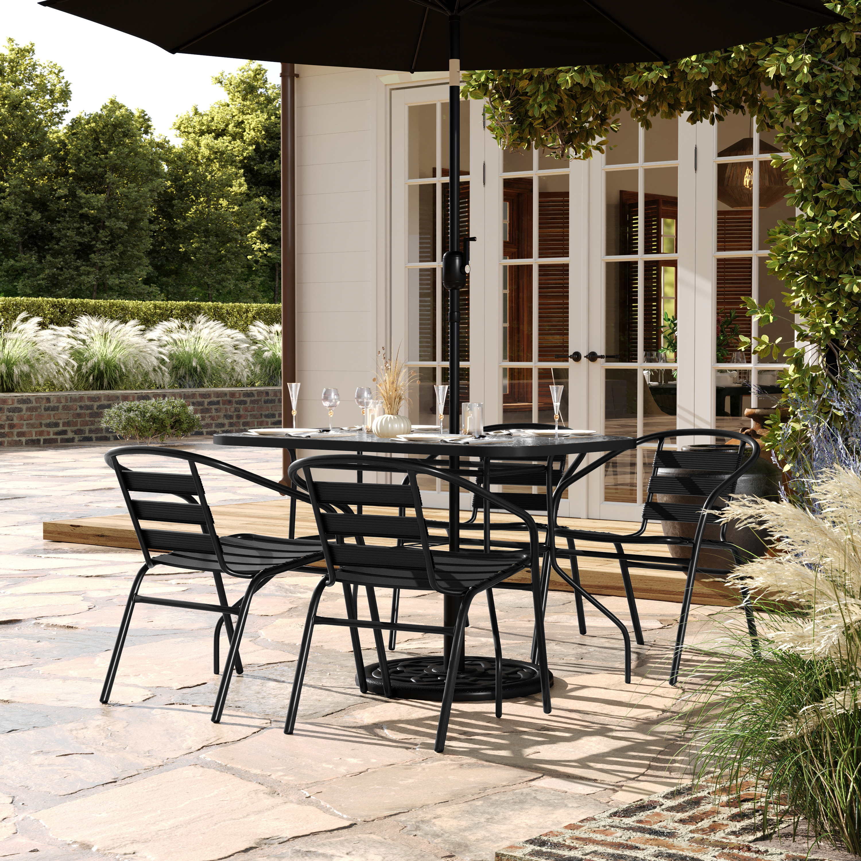 Lila 5 Piece Commercial Outdoor Patio Dining Set with 47" Tempered Glass Patio Table with Umbrella Hole and 4 Black Triple Slat Chairs
