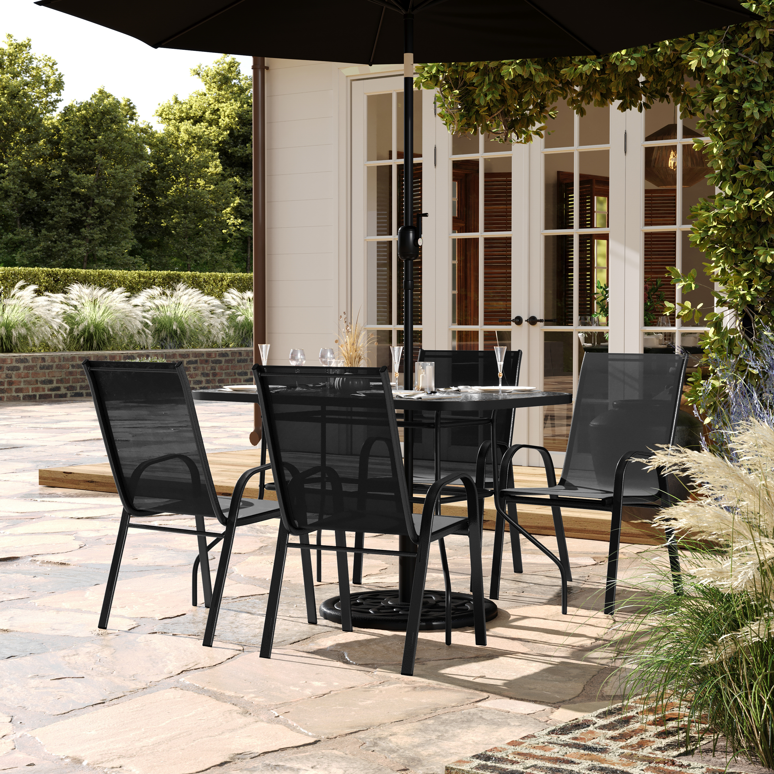 Brazos 5 Piece Commercial Grade Patio Dining Set with Tempered Glass Patio Table with 4 Chairs with Black Flex Comfort Material Seats and Backs