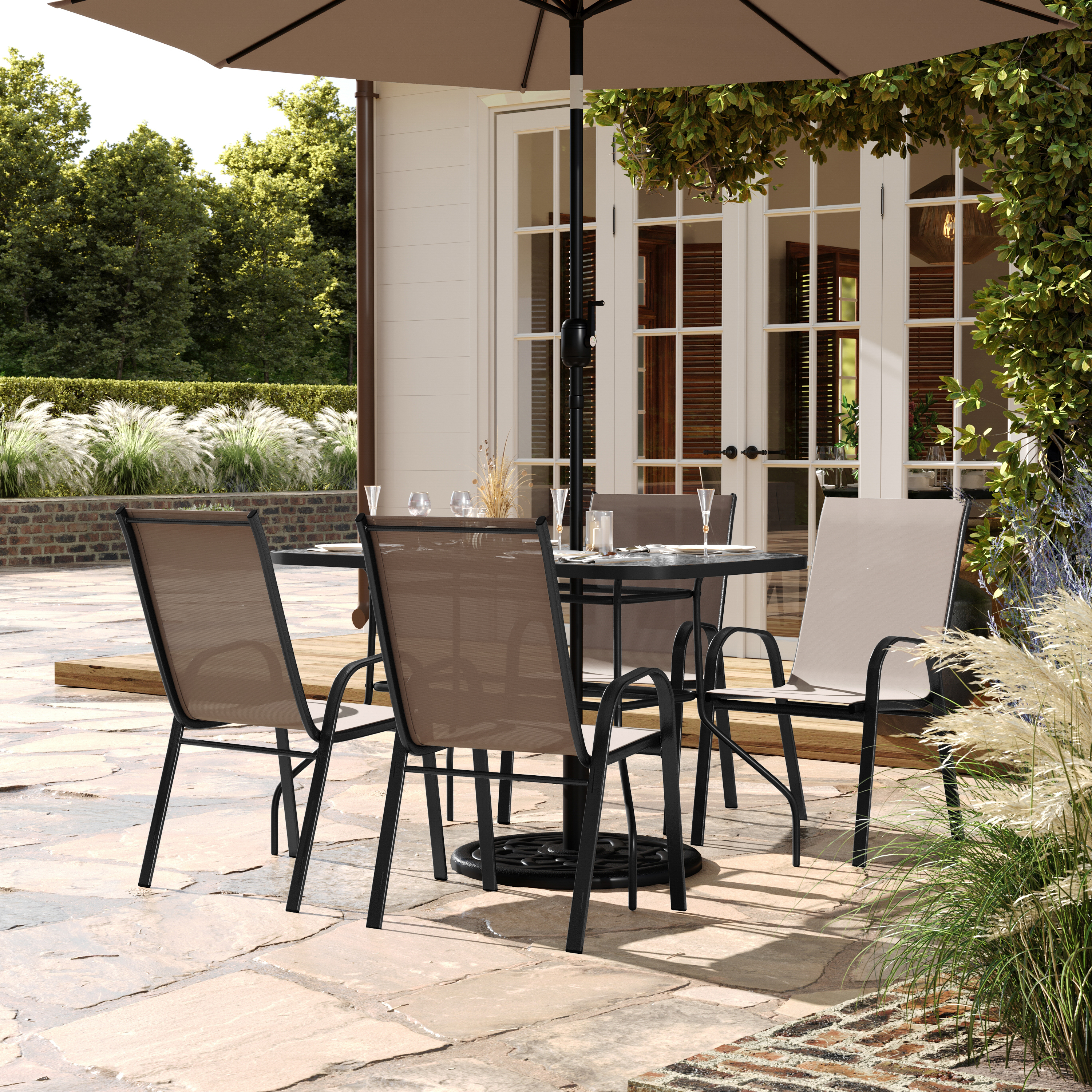 Brazos 5 Piece Commercial Grade Patio Dining Set with Tempered Glass Patio Table with 4 Chairs with Brown Flex Comfort Material Seats and Backs