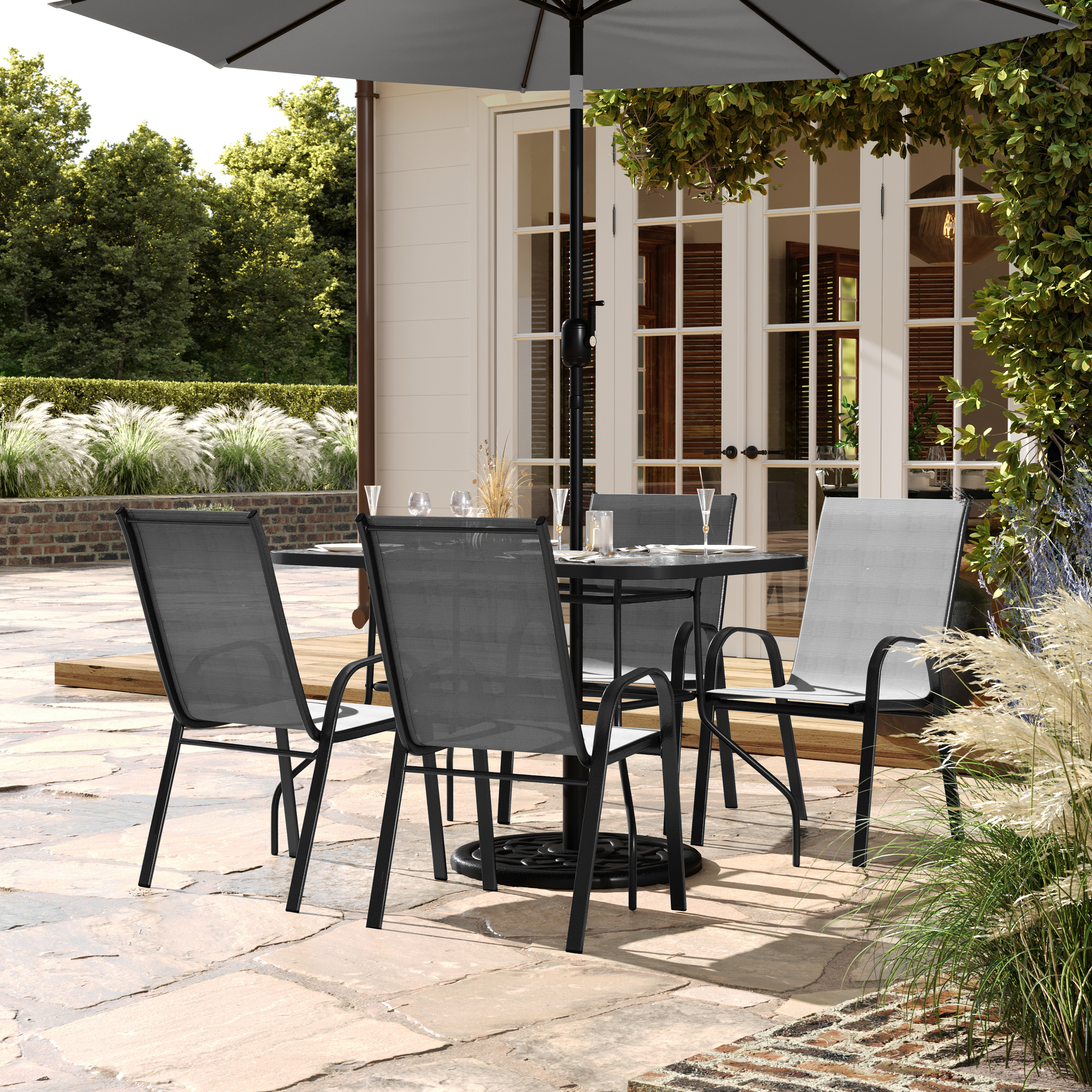Brazos 5 Piece Commercial Grade Patio Dining Set with Tempered Glass Patio Table with 4 Chairs with Gray Flex Comfort Material Seats and Backs