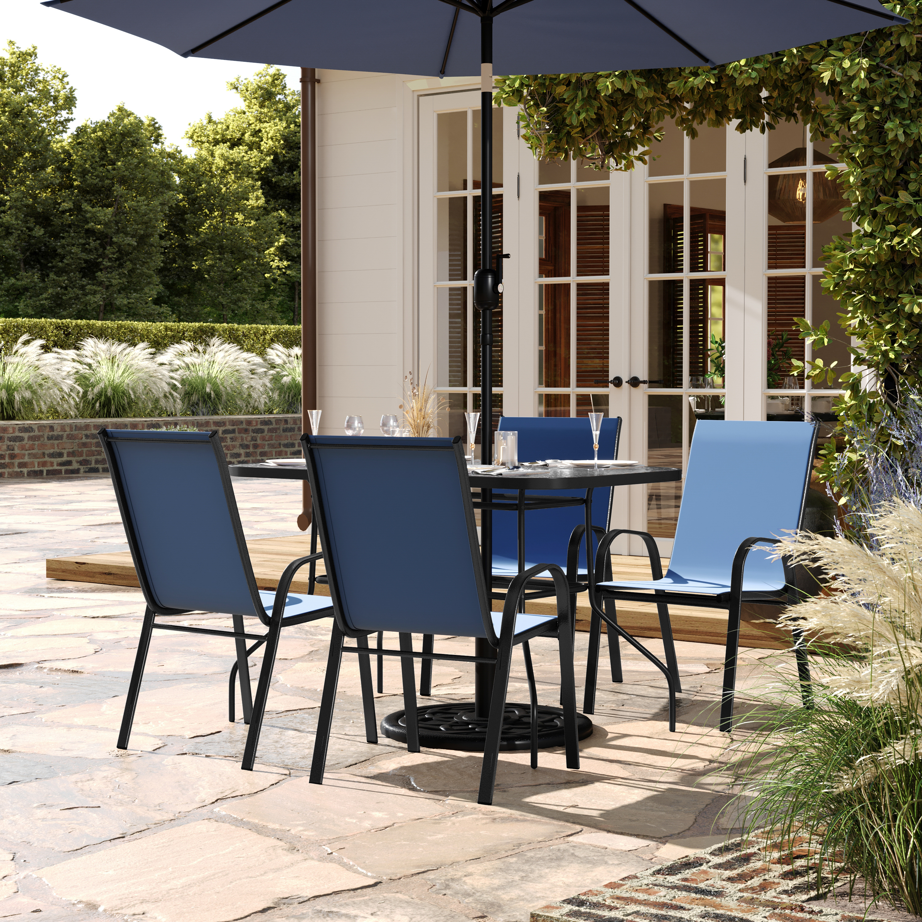 Brazos 5 Piece Commercial Grade Patio Dining Set with Tempered Glass Patio Table with 4 Chairs with Navy Flex Comfort Material Seats and Backs