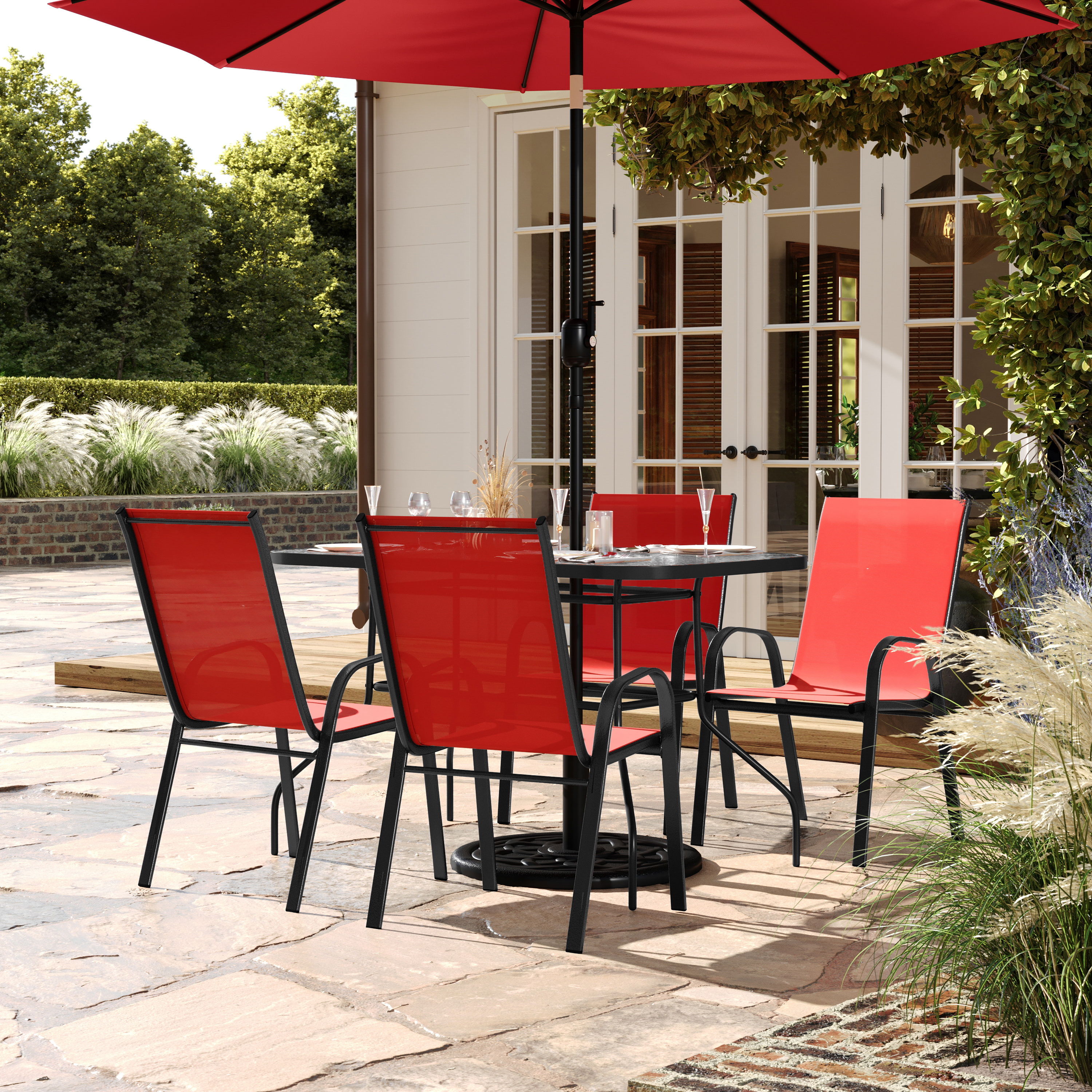 Brazos 5 Piece Commercial Grade Patio Dining Set with Tempered Glass Patio Table with 4 Chairs with Red Flex Comfort Material Seats and Backs