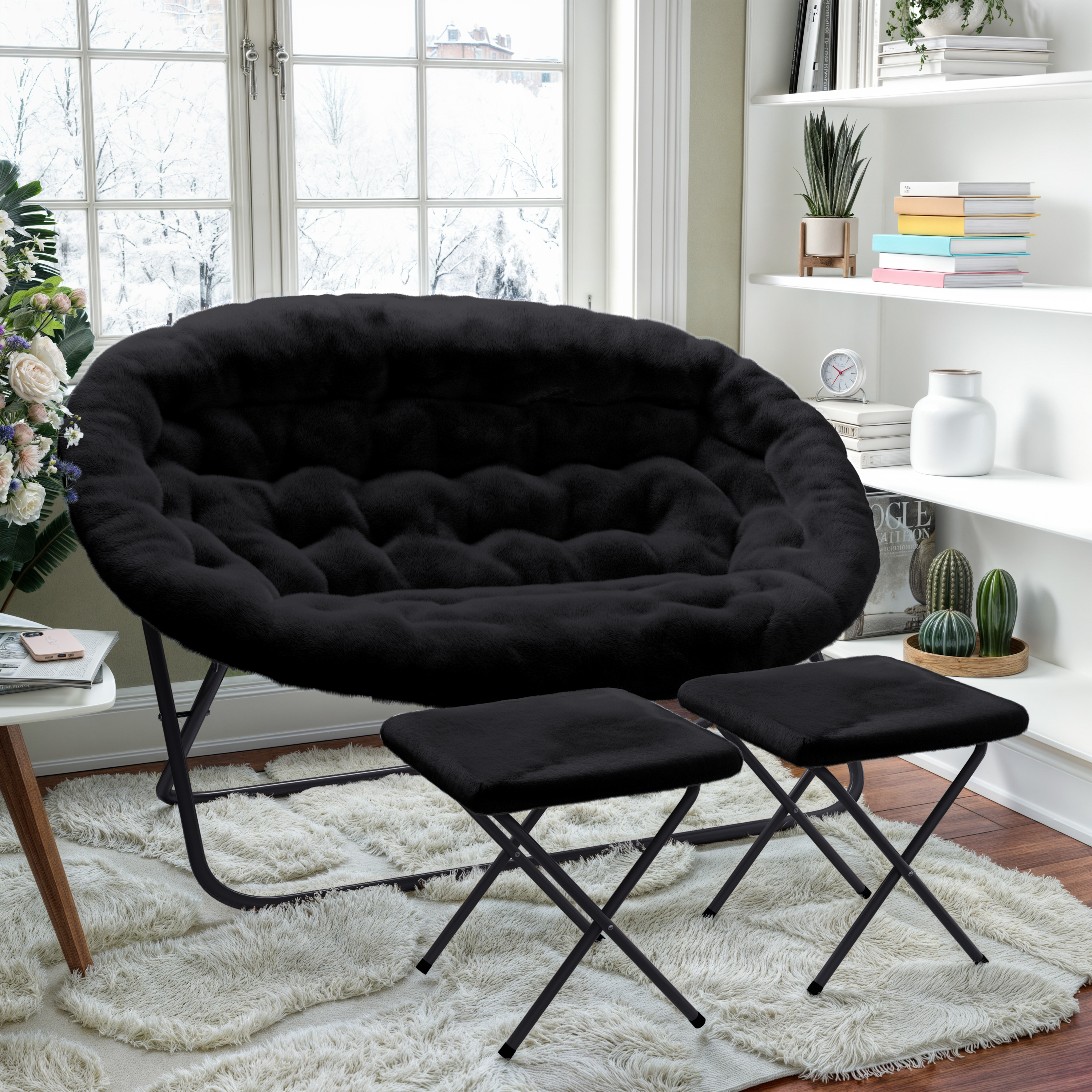 Eleanor 56" Portable Folding Double Saucer Chair with 2 Folding Ottomans Black Faux Fur with a Black Steel Frame for Dorm or Bedroom