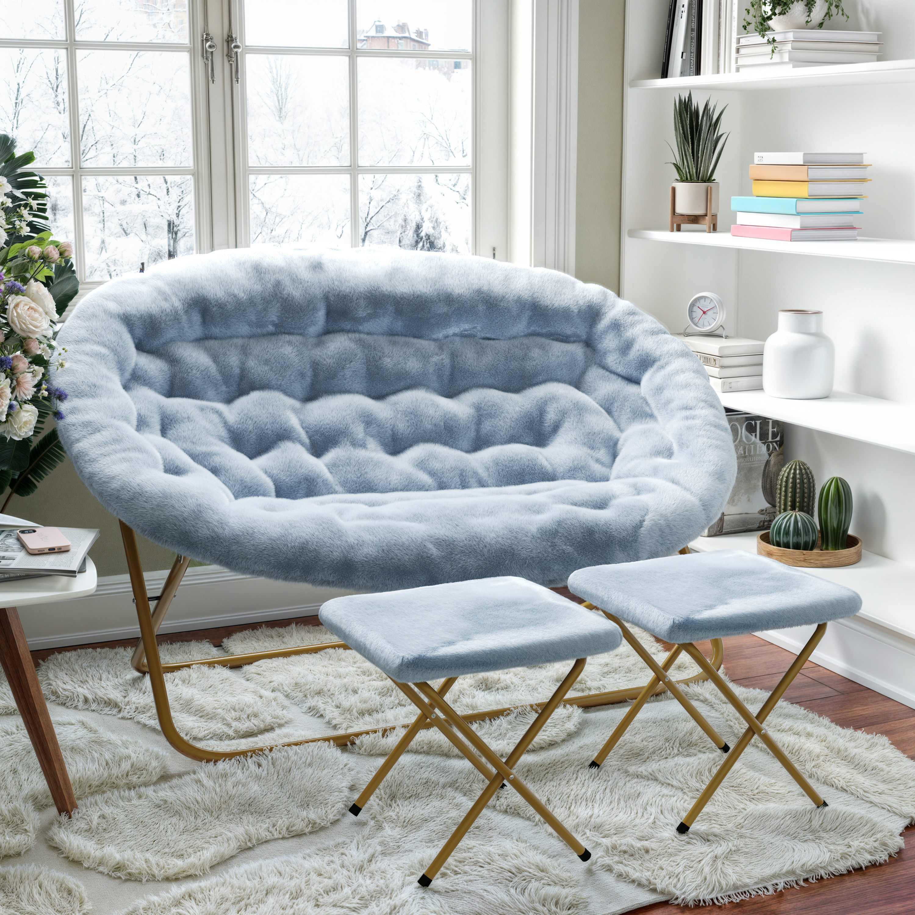 Eleanor 56" Portable Folding Double Saucer Chair with 2 Folding Ottomans in Dusty Aqua Faux Fur with a Soft Gold Steel Frame for Dorm or Bedroom