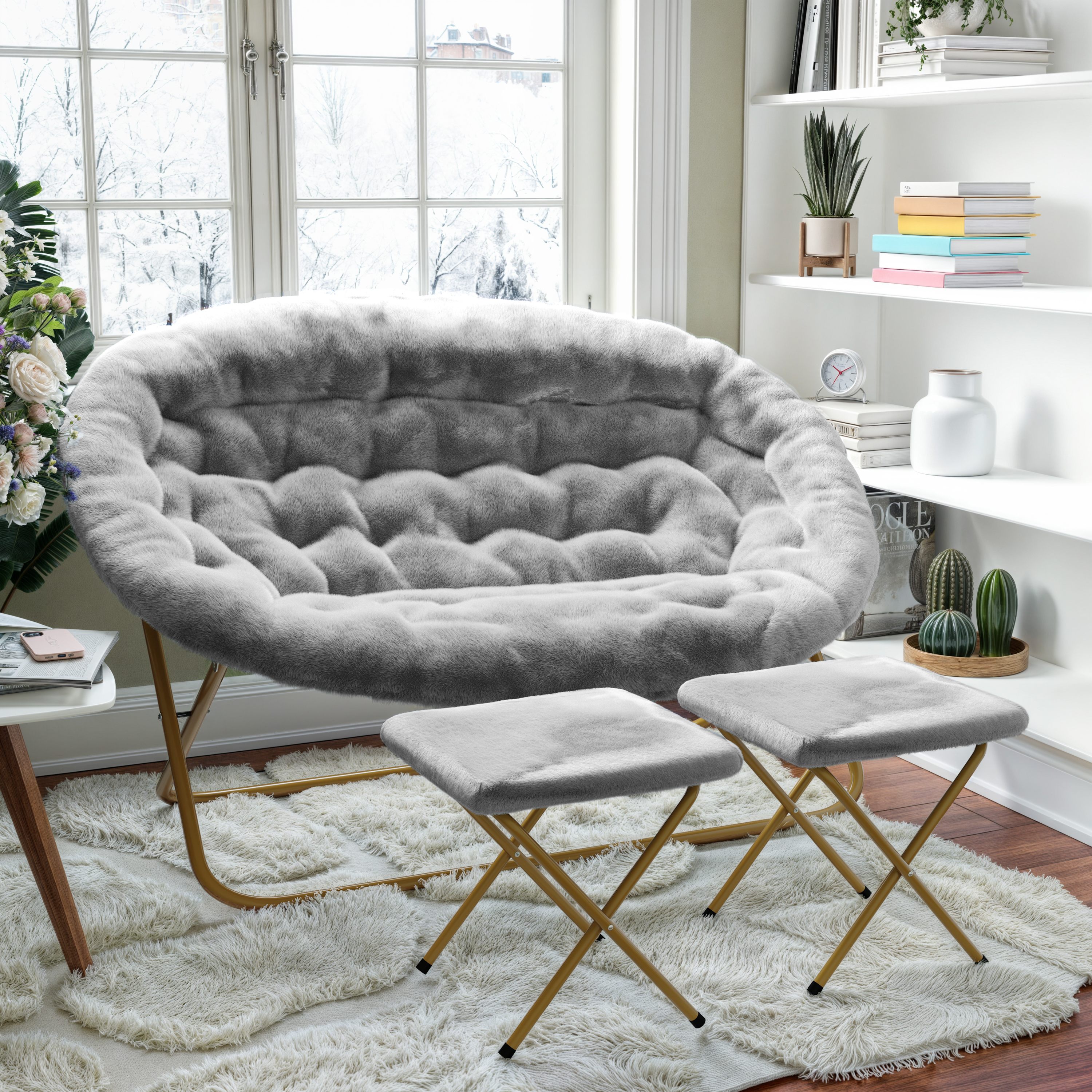 Eleanor 56" Portable Folding Double Saucer Chair with 2 Folding Ottomans Gray Faux Fur with a Soft Gold Steel Frame for Dorm or Bedroom