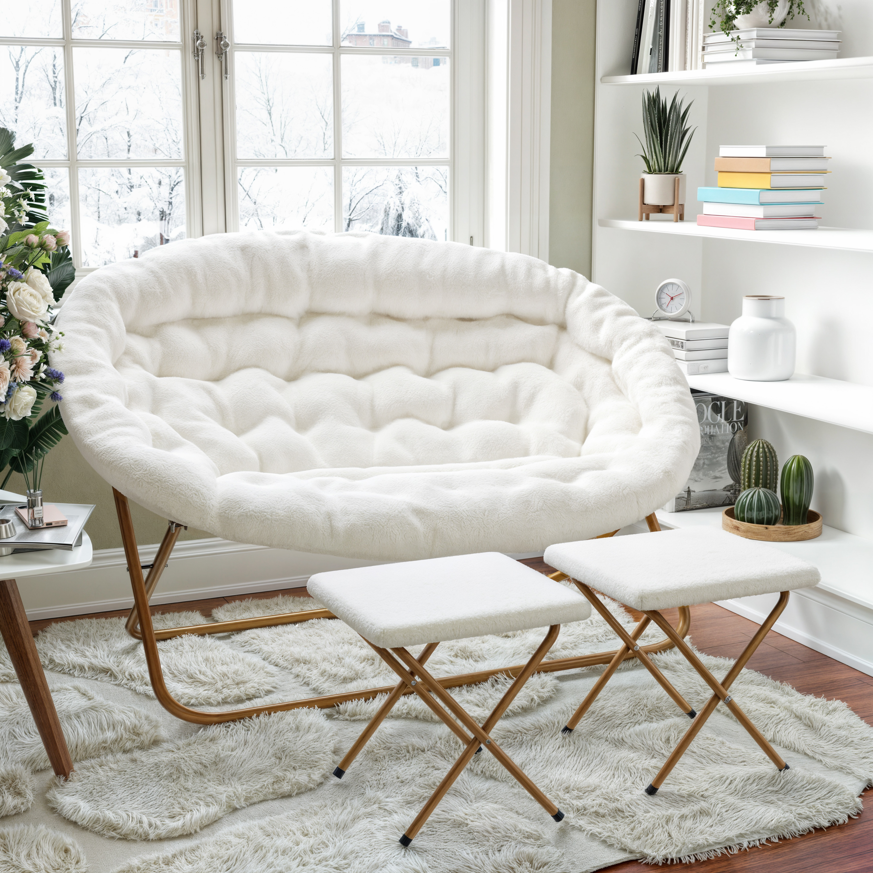 Eleanor 56" Portable Folding Double Saucer Chair with 2 Folding Ottomans Ivory Faux Shearling with a Soft Gold Steel Frame for Dorm or Bedroom
