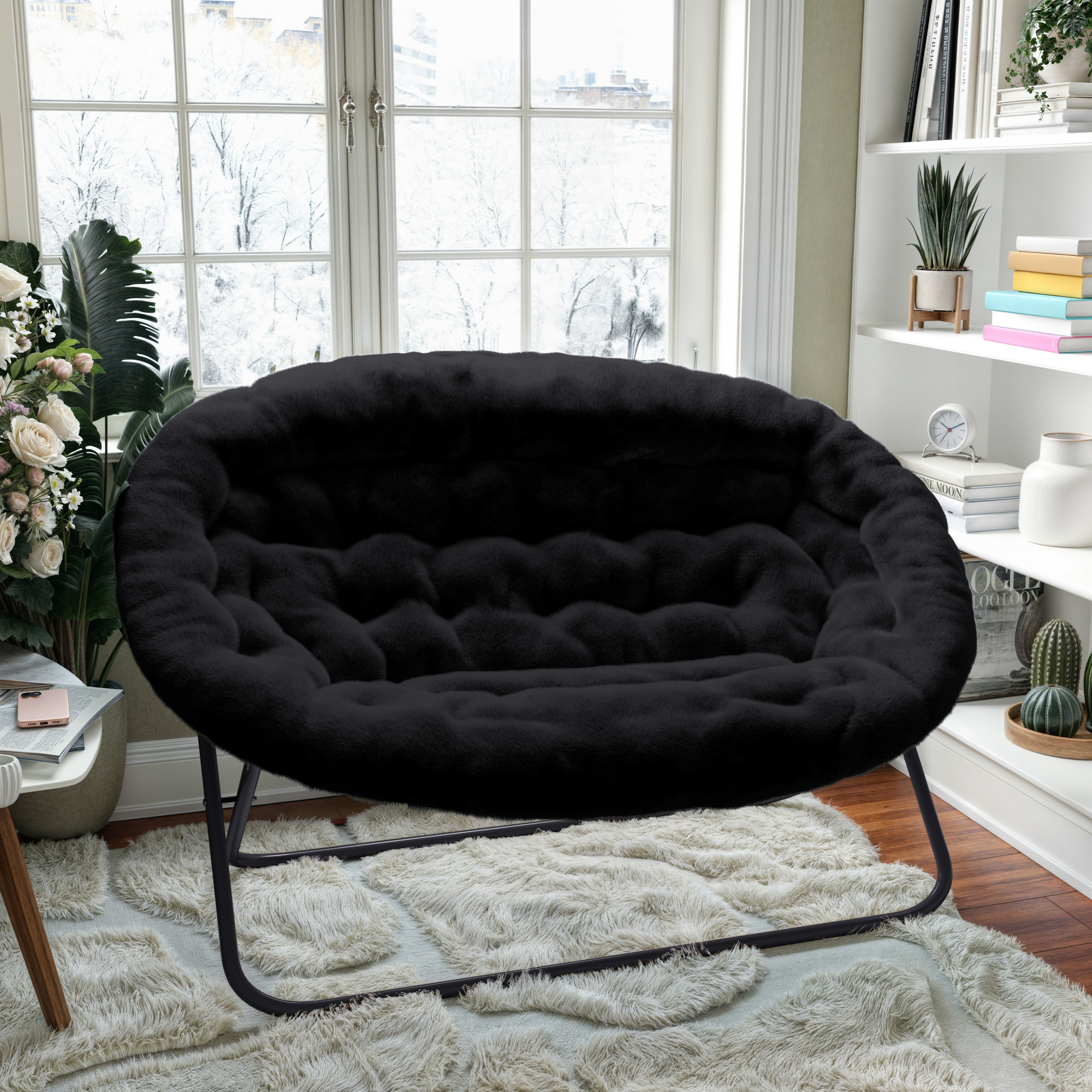 Eleanor 56" Portable Folding Double Saucer Chair in Black Faux Fur with a Black Steel Frame for Dorm, Living Room, or Bedroom