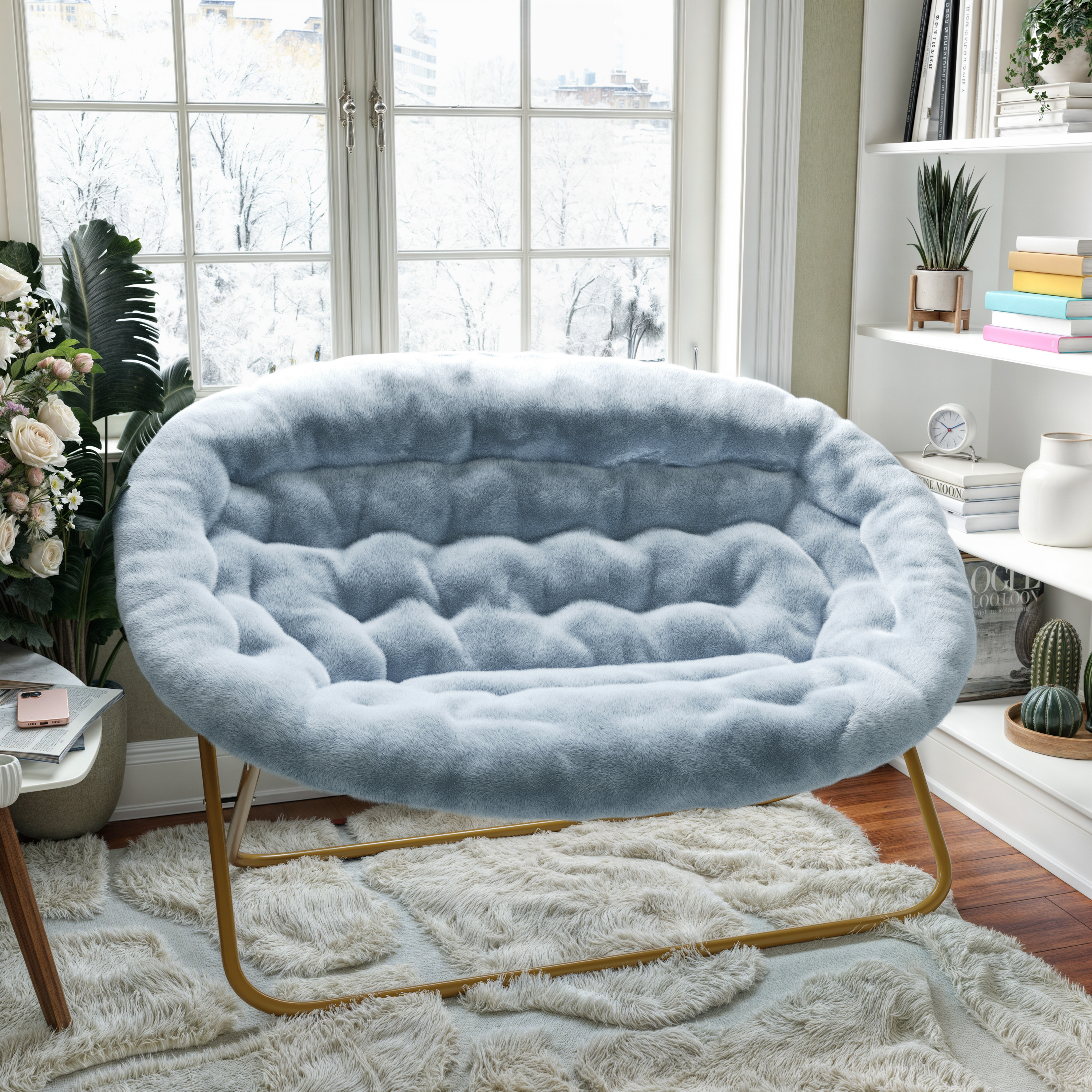 Eleanor 56" Portable Folding Double Saucer Chair in Dusty Aqua Faux Fur with a Soft Gold Steel Frame for Dorm, Living Room, or Bedroom