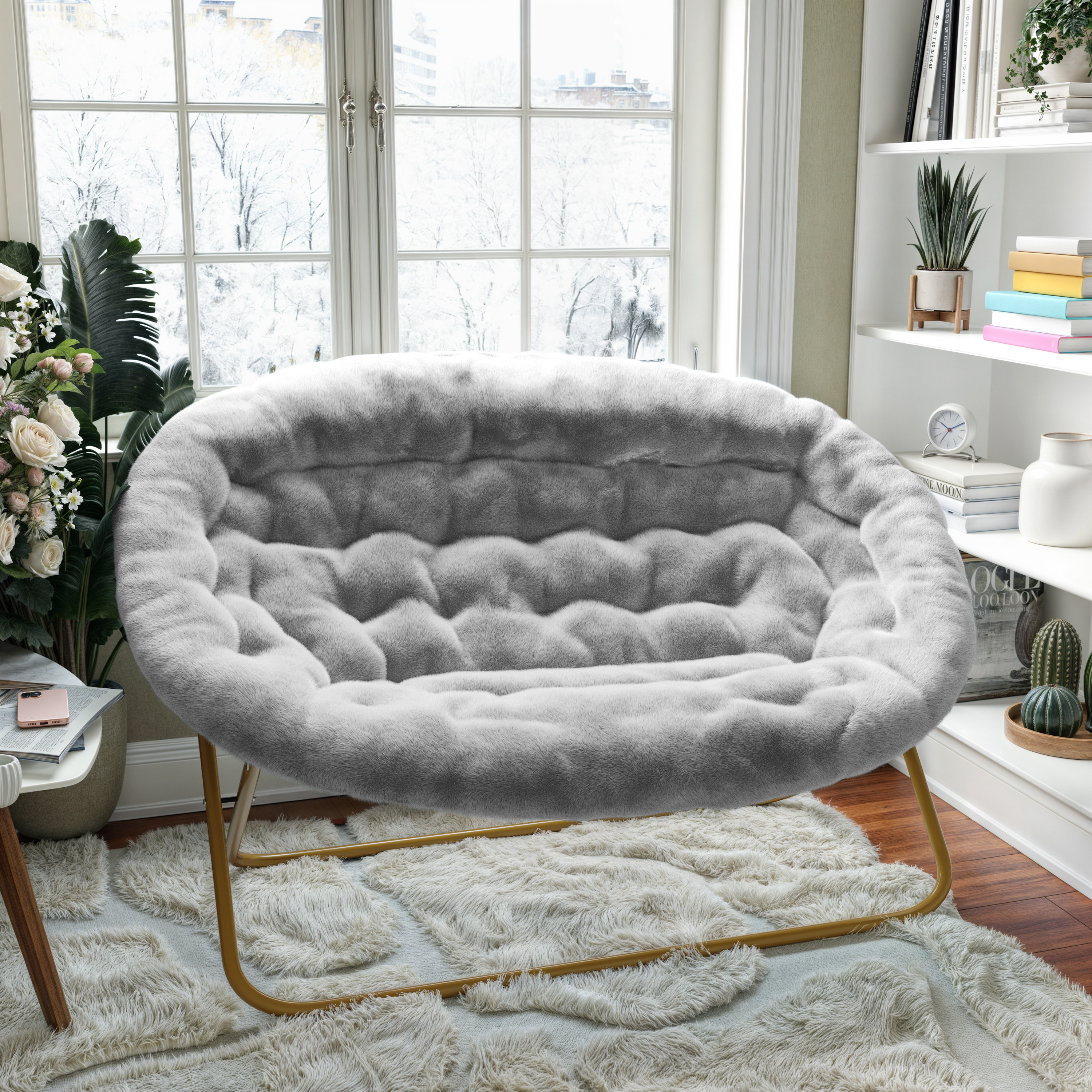 Eleanor 56" Portable Folding Double Saucer Chair in Gray Faux Fur with a Soft Gold Steel Frame for Dorm, Living Room, or Bedroom